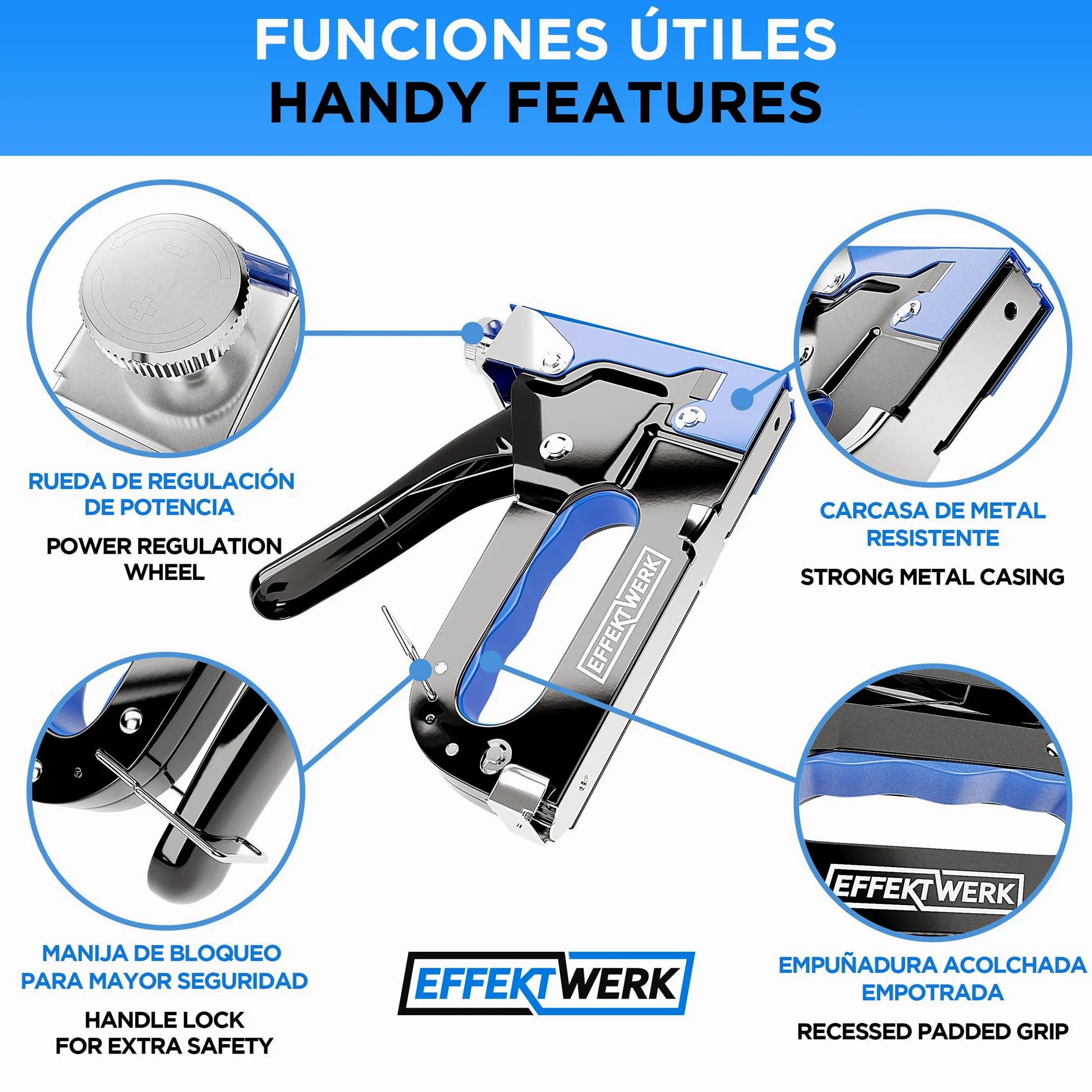 Set de Grapadora 5 en 1 - Grapadora de Alta Resistencia + 1500 Grapas + Quitagrapas para Madera, Tela, Malla Metálica - Construcción, Manualidades, Tapicería