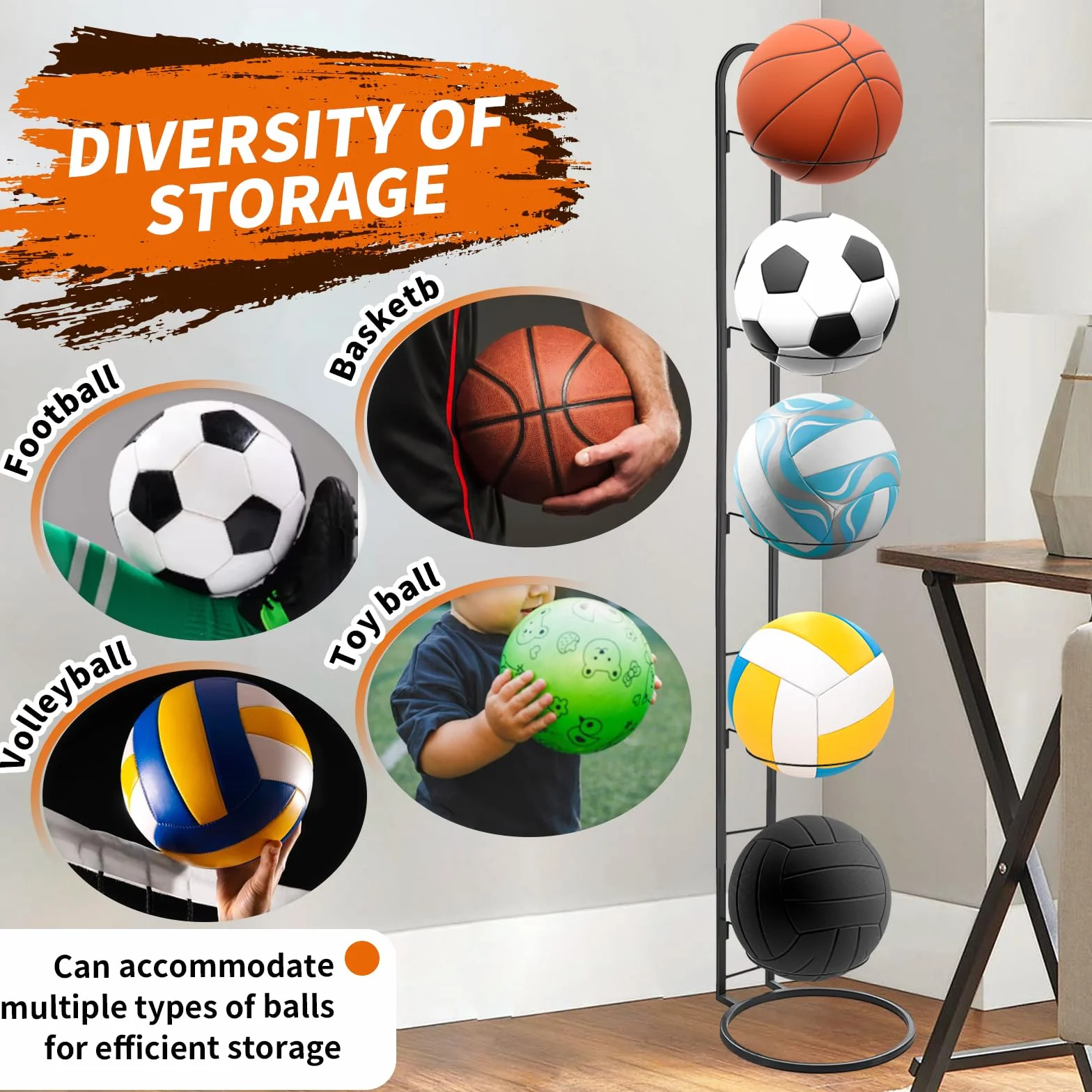 Soporte para Bolas, Soporte Balon Futbol Vertical de 5 Niveles de Metal de Almacenamiento para Bolas de Baloncesto, Estante de Bolas de Interior para Pelotas de Voleibol Deportivas