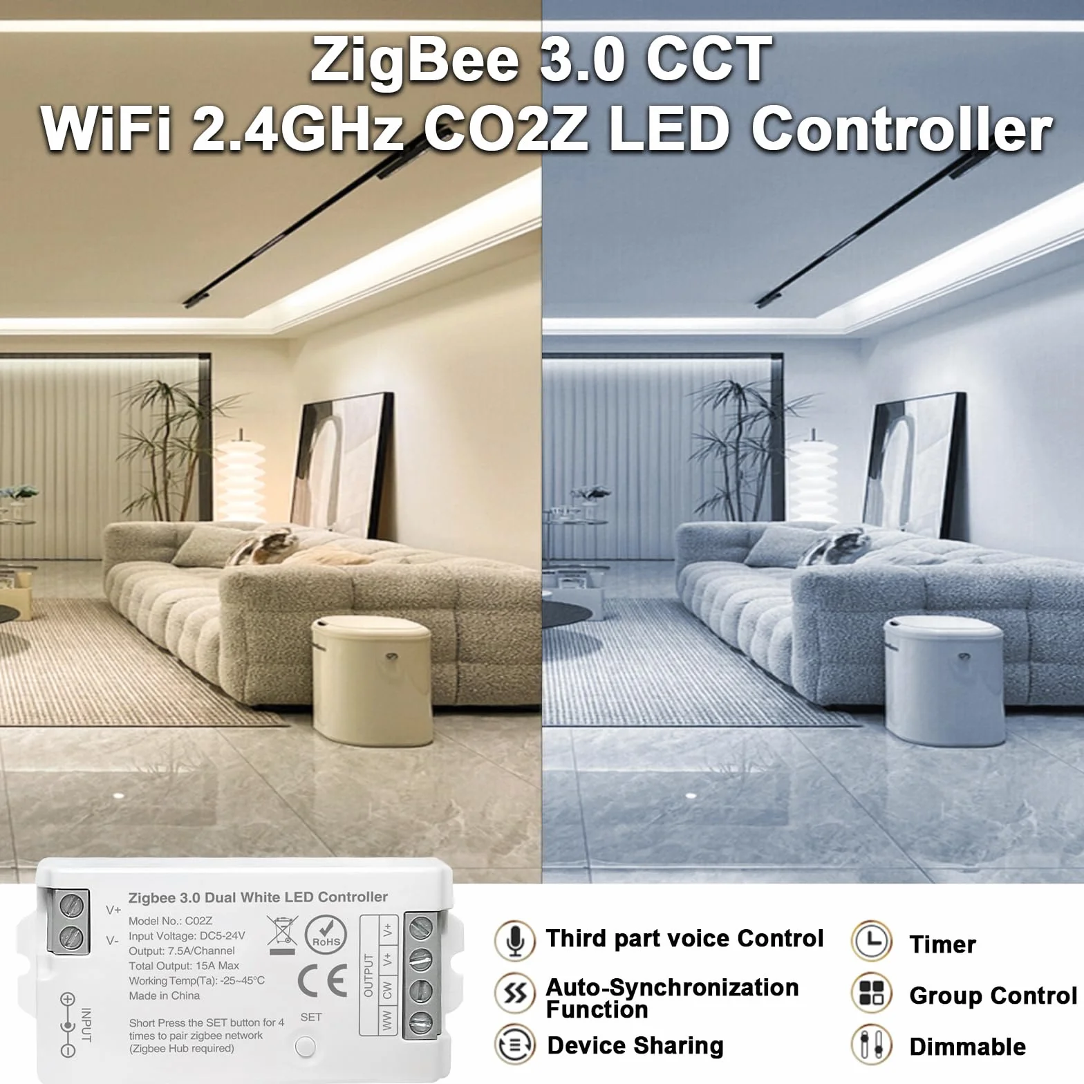 ZigBee 3.0 Controlador LED C02Z CCT Dual White Tira Regulador Compatible con Echo Plus Home Kit 5-24V CC
