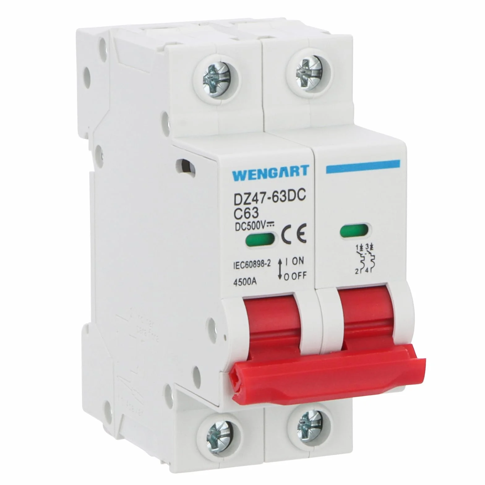 Wengart Magnetotérmico de CC (Corriente Continua) 63A 500V,Disyuntor Bipolar (2P) para Instalaciones Solares Fotovoltaicas,Autocaravanas y Baterías,Montaje en Carril DIN