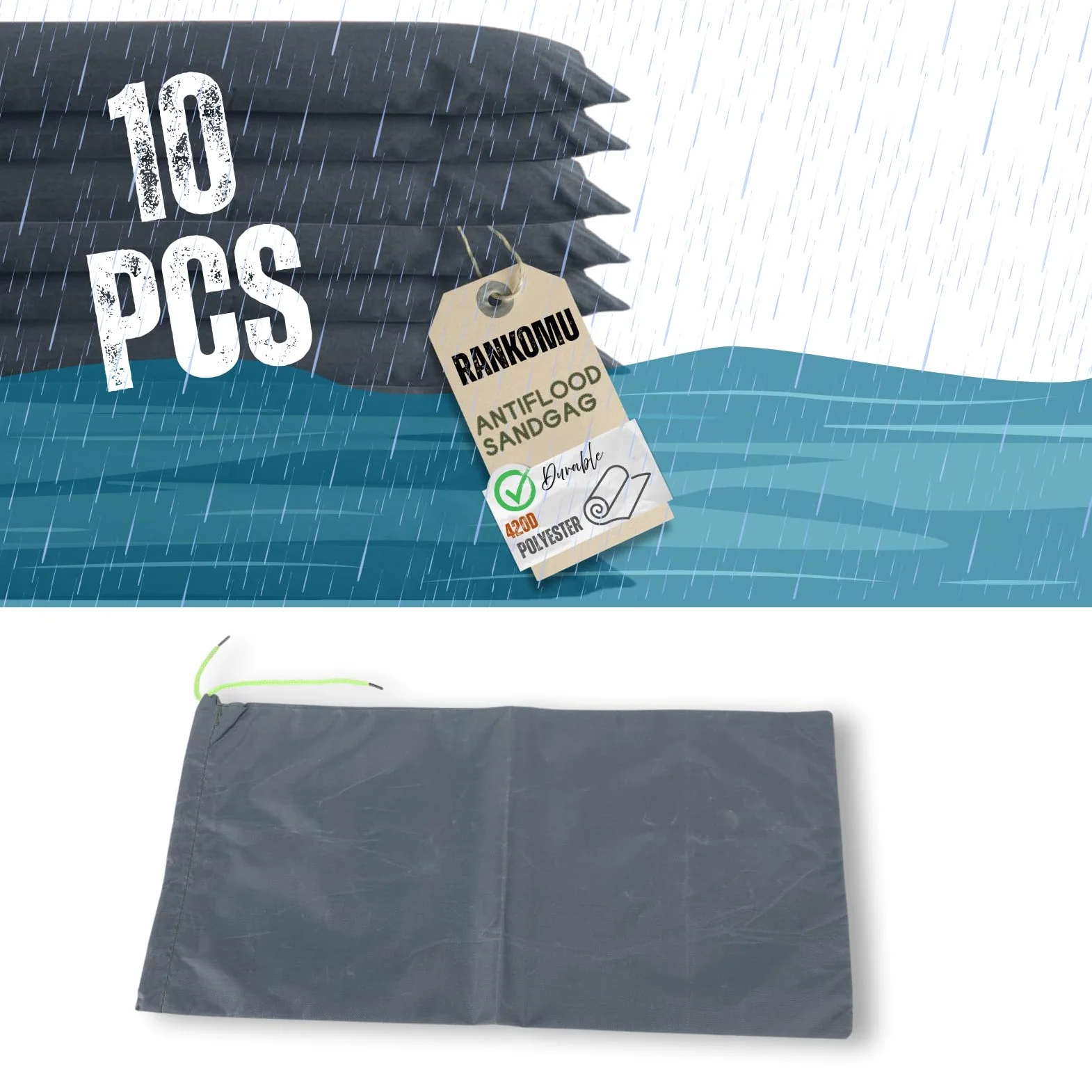 Saco de Arena sin Arena para inundaciones, 10PCS 25 * 50cm Sacos de Arena con cordón para barreras de Agua de poliéster 9.8x19.7in, para sótano Garaje Tienda(Gris)