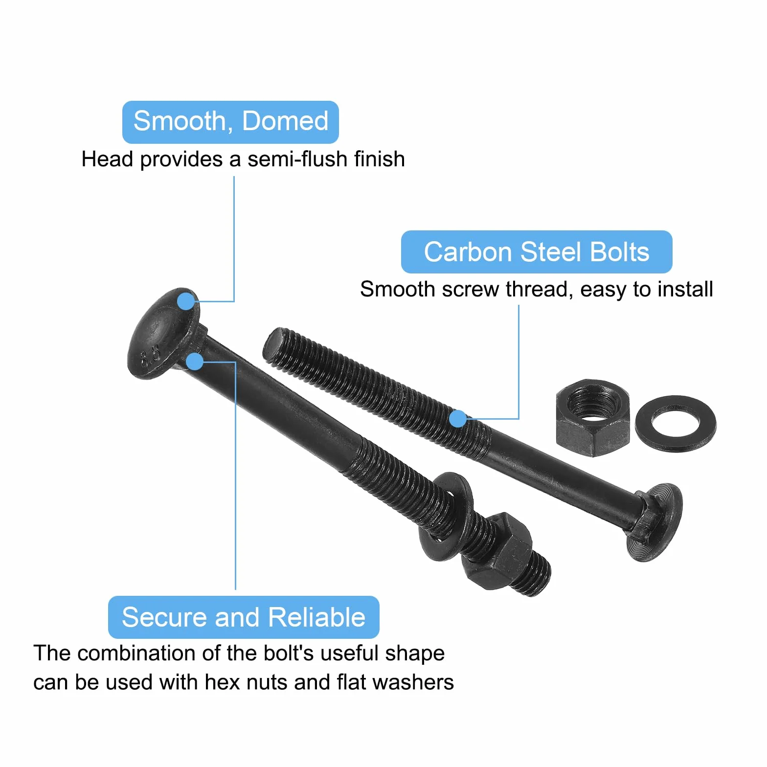 sourcing map Kit de pernos de carro M6 x 50 mm, juego de 25 tornillos de cabeza redonda de cuello cuadrado, juego de tornillos de carro incluye arandelas y tuercas, acero al carbono, óxido negro para