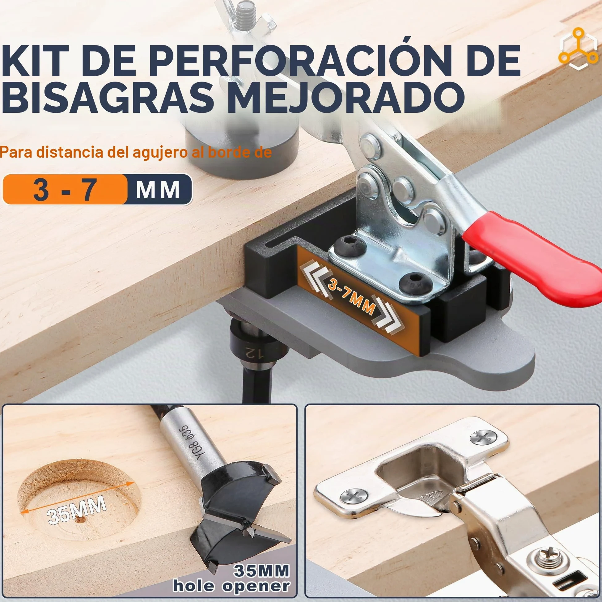 Plantilla de bisagra oculta de metal de 35 mm con abrazadera rápida, localizador de guía de agujeros de perforación de precisión, herramienta de carpintería duradera para instalación de bisagras de