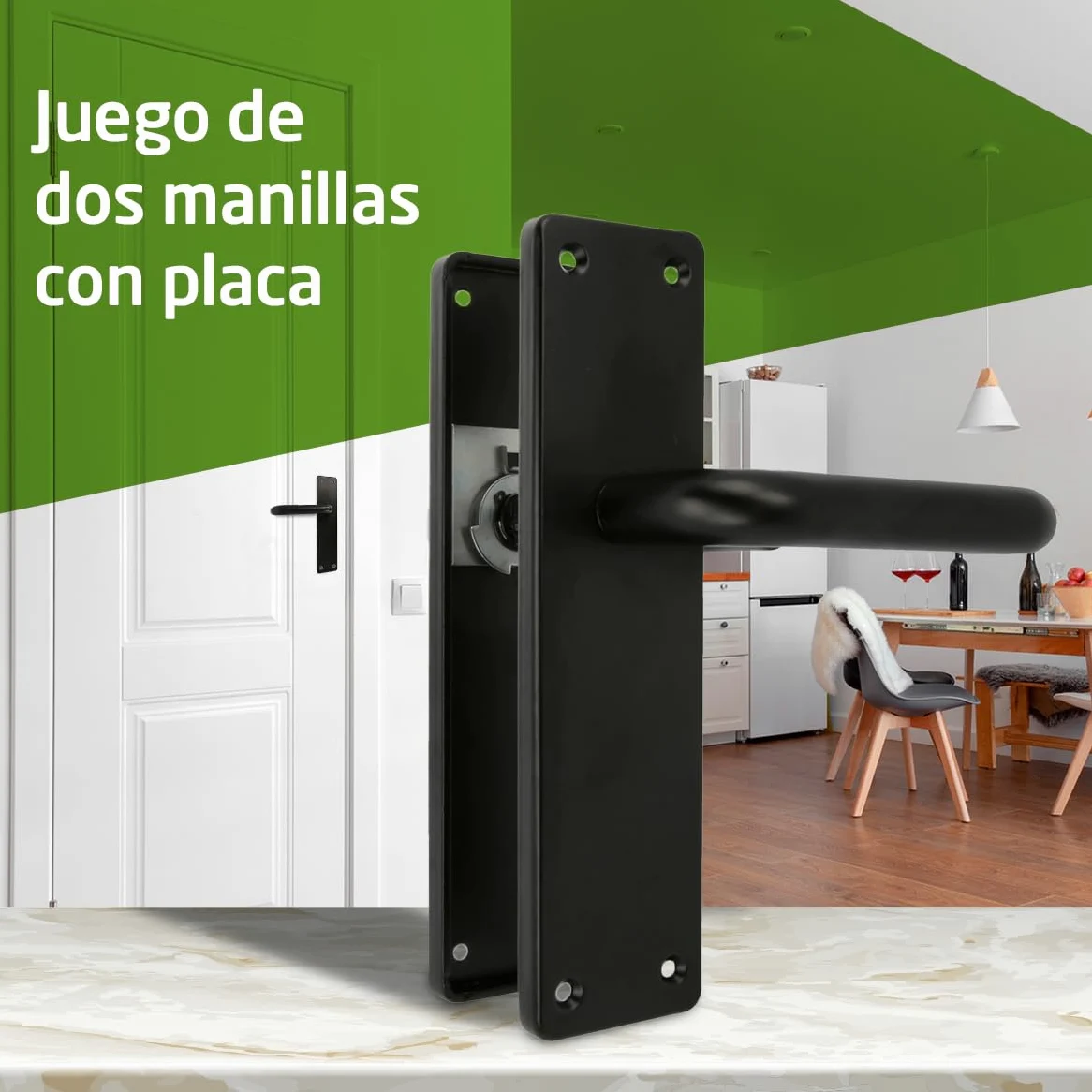 Amig - Juego de dos Manillas con placa - Maneta para puerta de interior o exterior - Sin bocallave - Aluminio - Color Negro - 139 x Ø19 mm - Medidas: 222x55x10mm