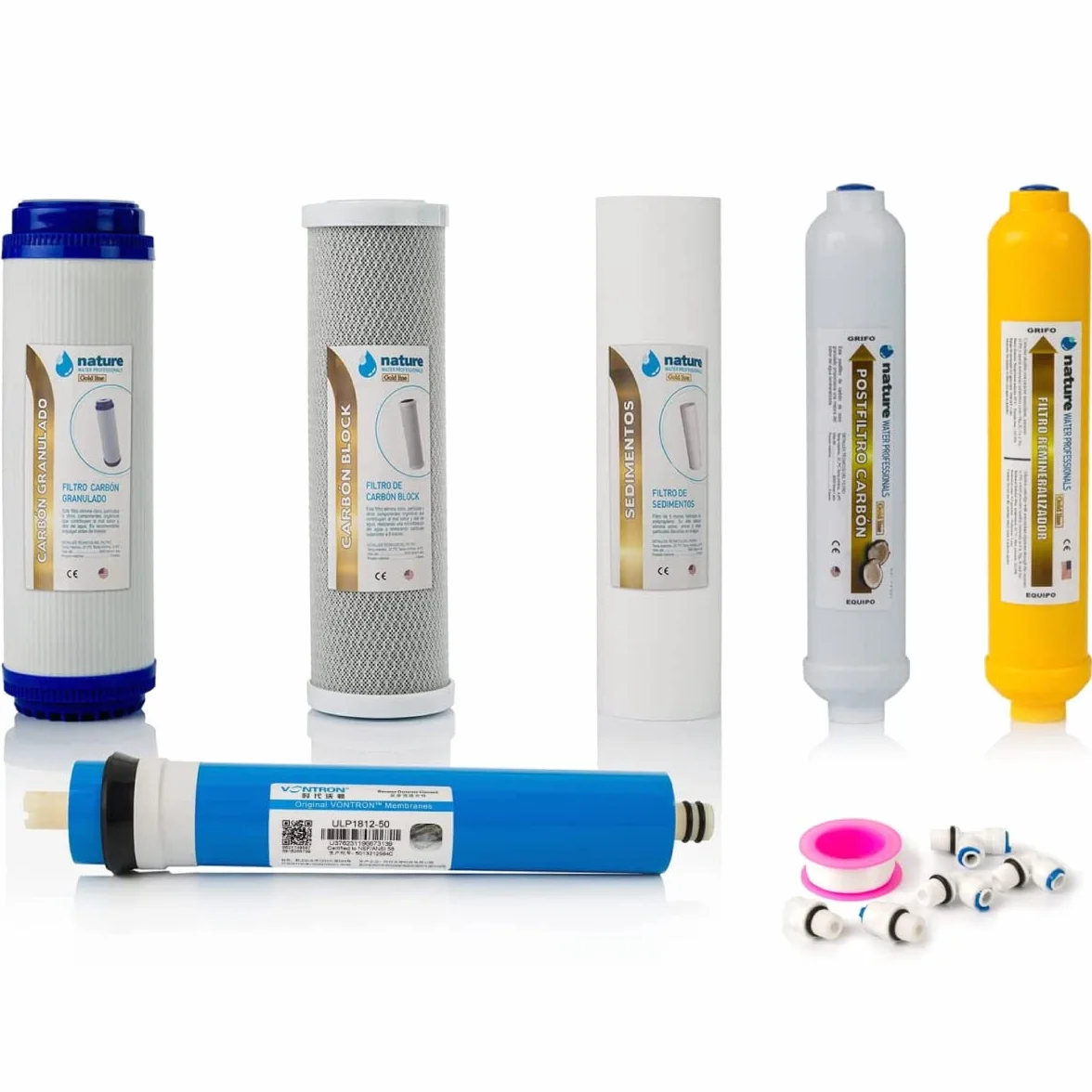 Kit de 5 Filtros Universales para Osmosis Inversa - Incluye Membrana Vontron de 50GPD, Rollo de Teflón, Conectores y T - Ideal para Equipo de 6 Etapas Universal - Nature Water Professionals