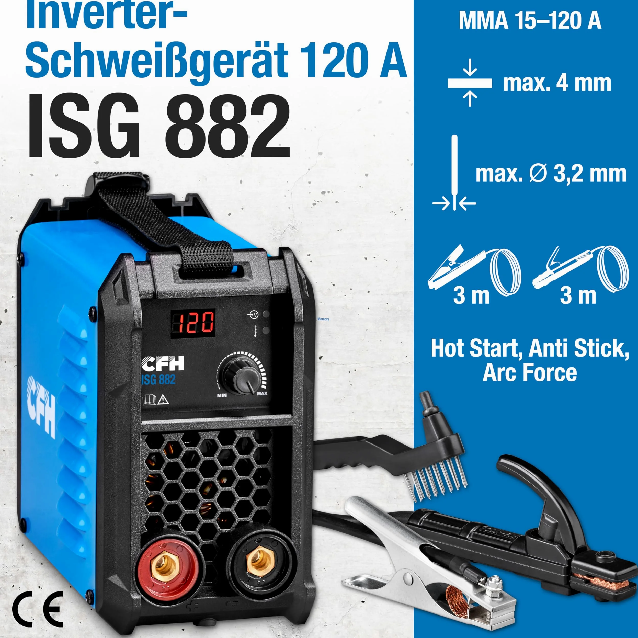 CFH Soldadora inverter 120 A ISG 882 - Soldadora MMA con arranque en caliente, anti stick, Arc Force y protección contra sobrecalentamiento, 15 – 120 A, para electrodos de varilla Ø 1,5 – 3,2 mm