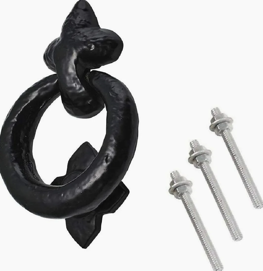 Fleur De LYS - Aldaba de puerta de anillo antiguo negro, aldaba de anillo de hierro fundido, aldaba tradicional de puerta delantera, aldaba de puerta de hierro negro rústico, aldaba de puerta negra