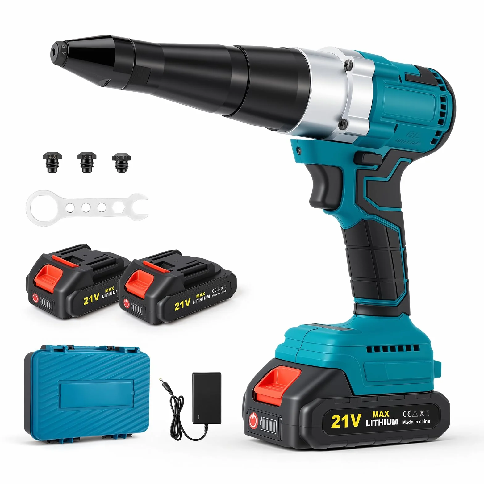 Herramienta de remache ciego con batería y motor sin escobillas, 2x baterías de 2000mAh, 3 boquillas para remaches de 2,4-5,0mm, luz LED para aplicaciones DIY y profesionales