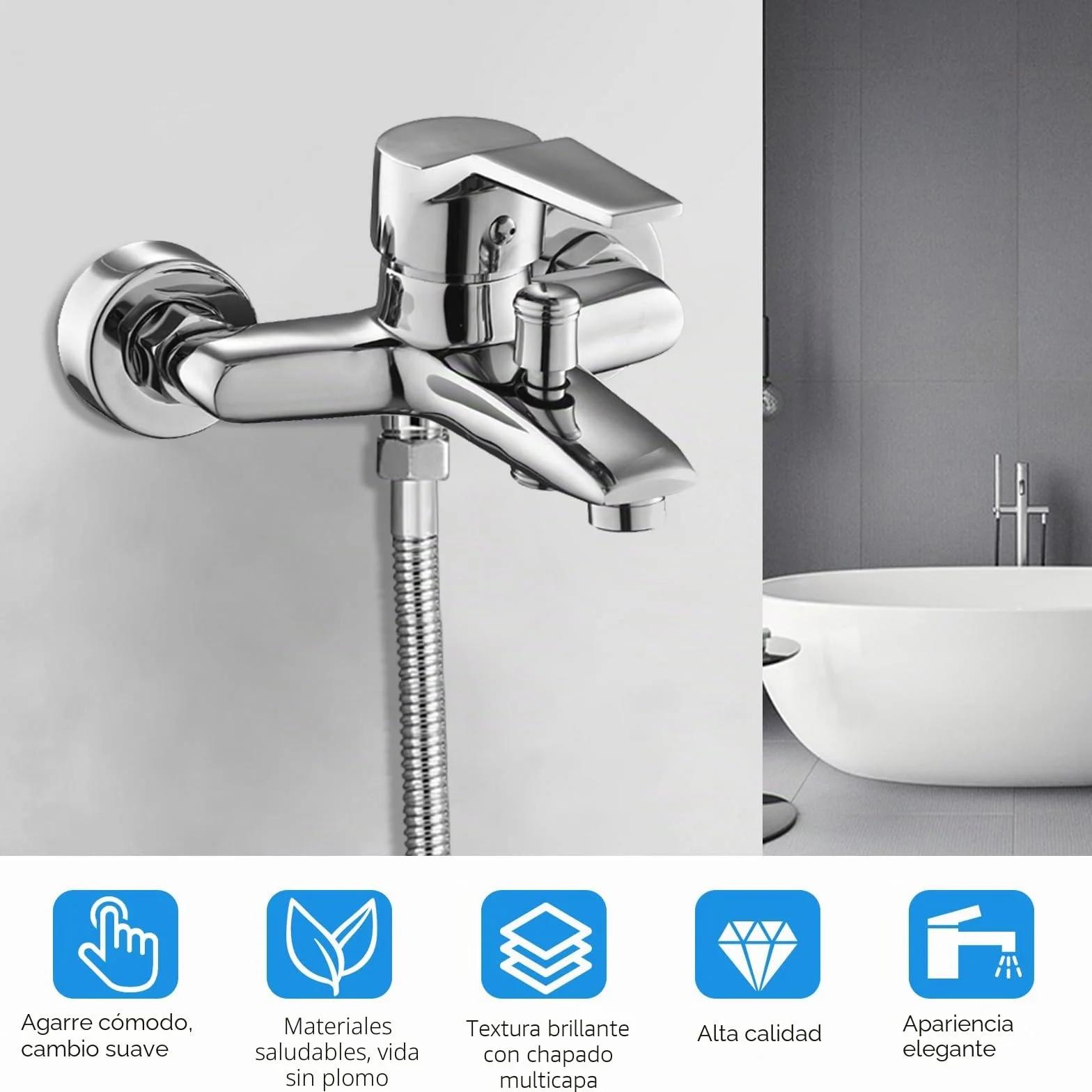 Bocguy Grifo mezclador para bañera, grifo de bañera, grifo de ducha, grifo monomando, salida de ducha para bañera y ducha, cartucho de cerámica cromado