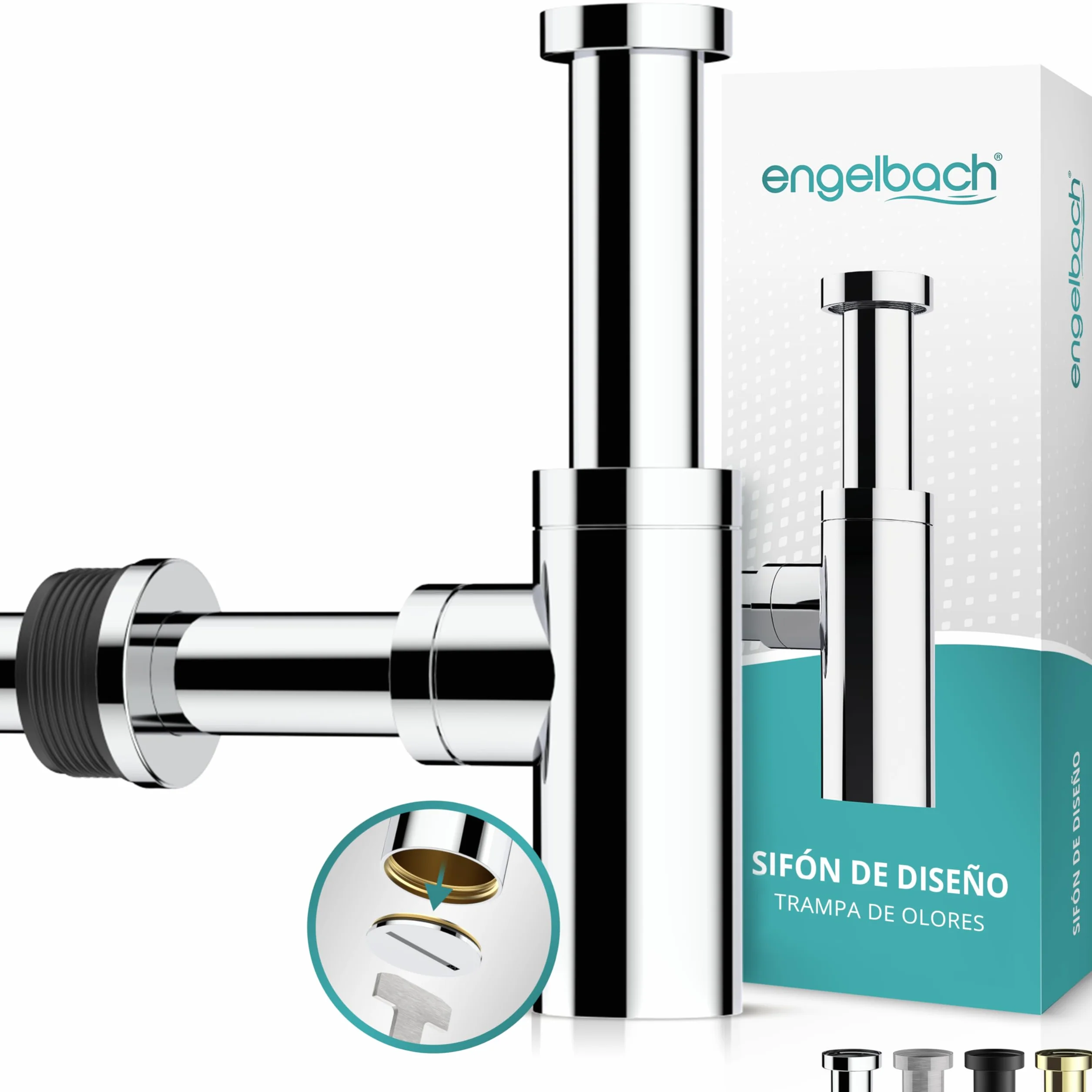 Engelbach Sifón lavabo 1 1/4" cromado desagüe universal con apertura limpieza
