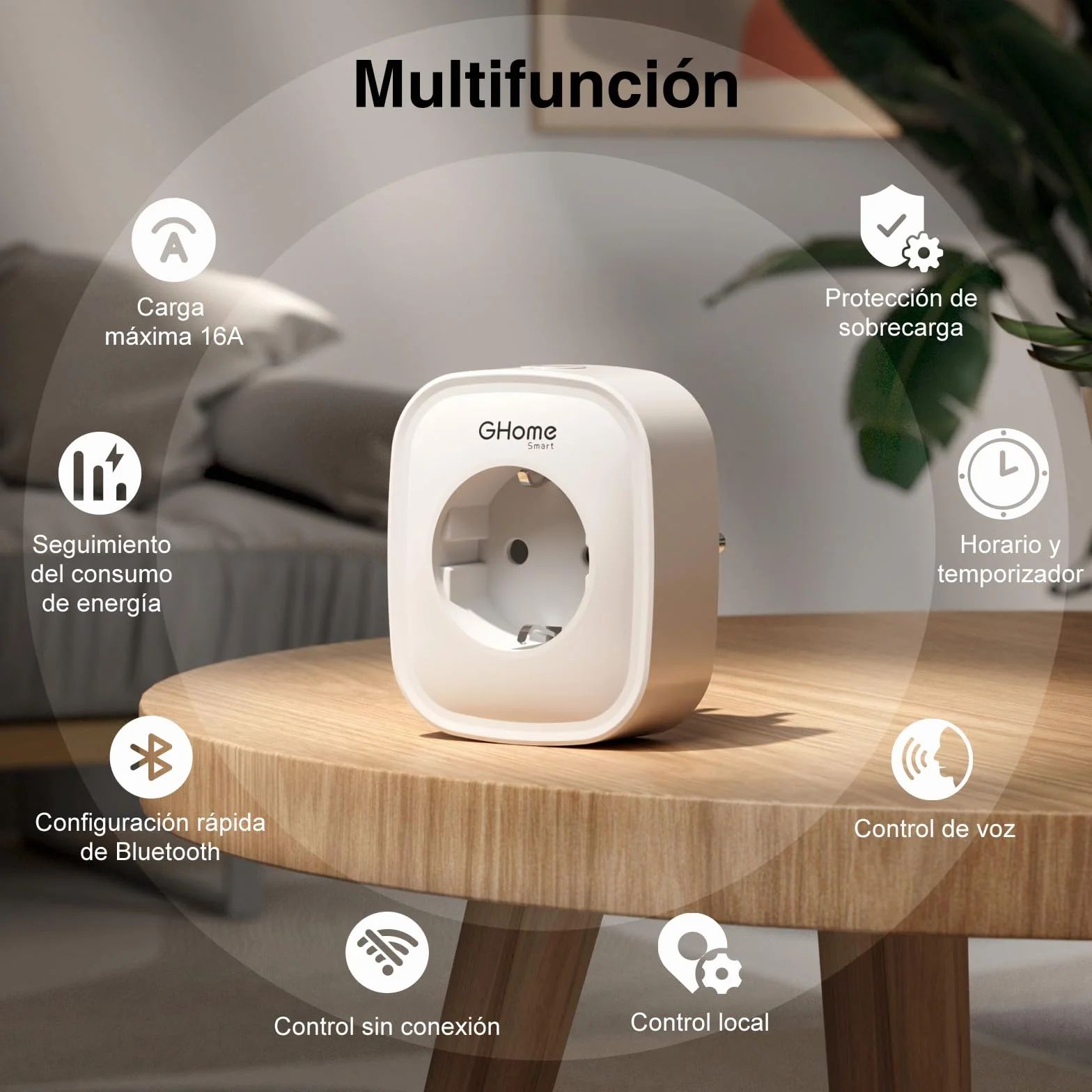 GHome Smart Enchufe Inteligente, 16A Enchufe WiFi Medidor de Consumo, Compatible con Alexa y Google Home, Tomada Inteligente Programable con Temporizador, Control por Voz y APP, 3680W,Solo 2.4GHz WiFi