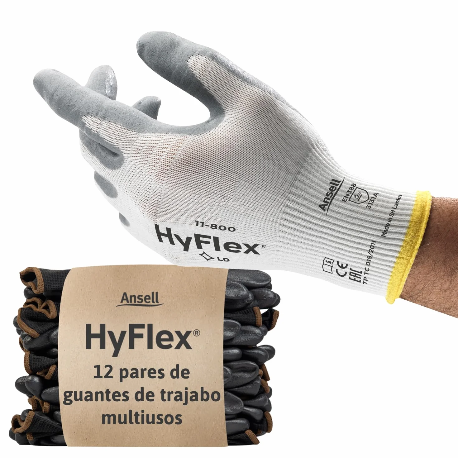 Ansell HyFlex 11-800 Guantes de Trabajo Profesionales, Revestimiento de Nitrilo Antideslizante, Talla XL, 12 Pares