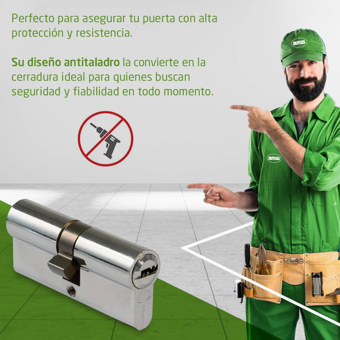Amig - Cilindro de seguridad Mod. 9800 - Cerradura para puertas - Leva larga de 15mm - Sistema antitaladro - Incluye 5 llaves - Plateado - Medidas: 100 (50-50 mm)