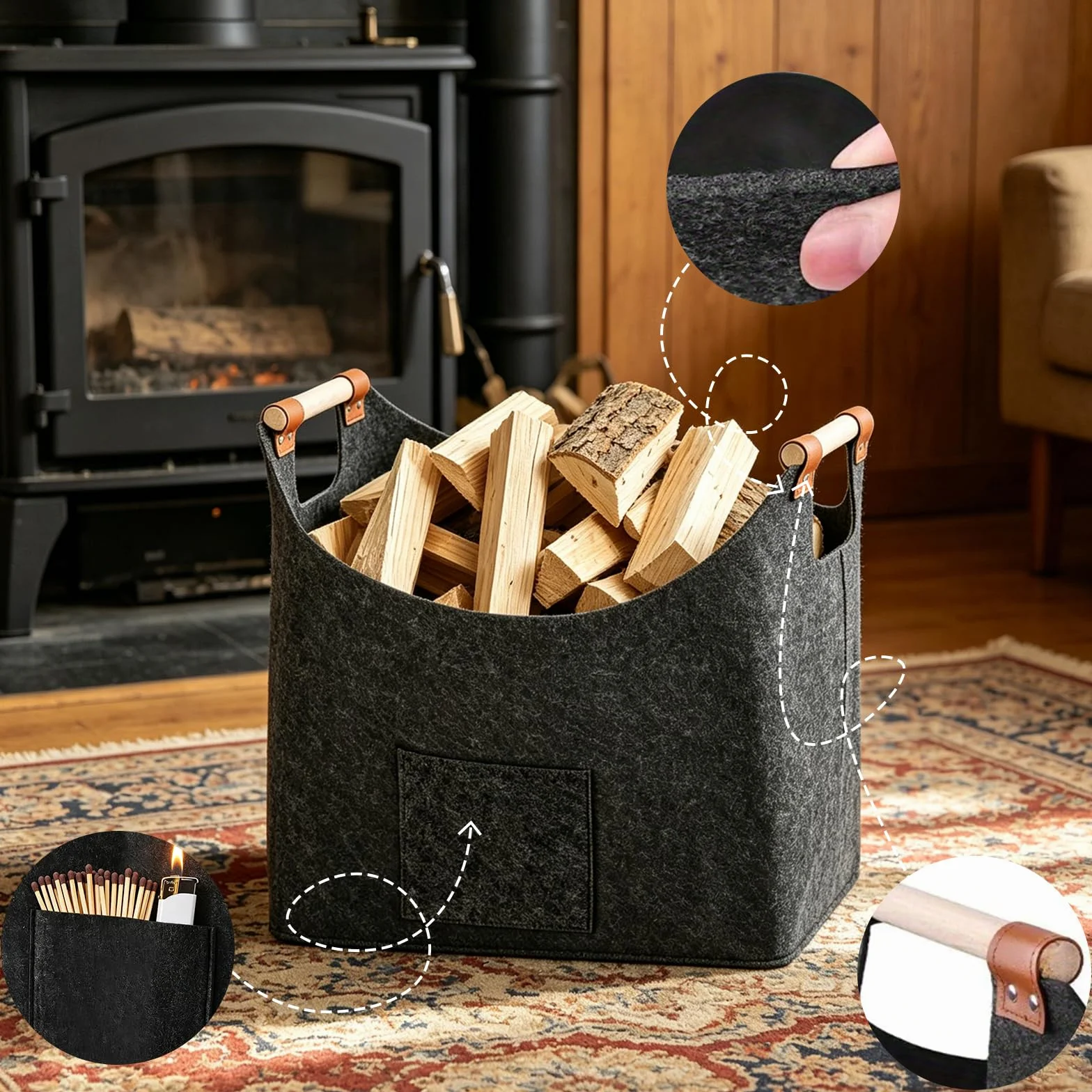 Canasta De Leña 45 x 32 x 40 cm 60L, Cesta de fieltro Fieltro extra grueso y asa reforzada, Cesto para leña plegable Bolsa, para Guardar Periódicos y la Chimenea
