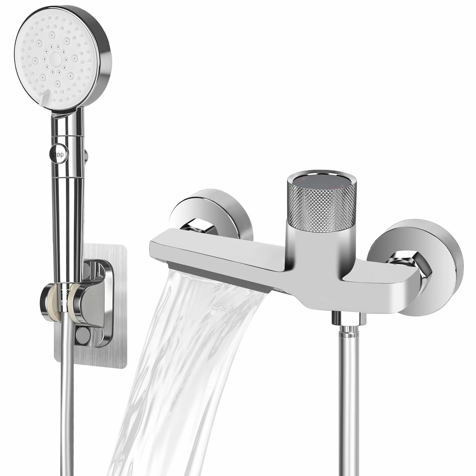 Grifo de bañera con ducha de mano, grifo de cascada para bañera, accesorios de bañera con ducha de 1.5m de manguera de PVC y soporte de pared, mezclador de ducha con 5 funciones, grifo de bañera