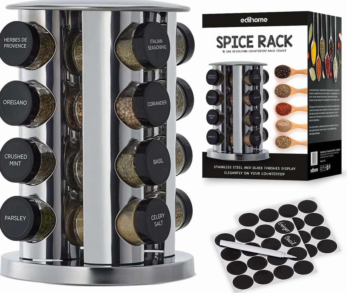 edihome, Especieros para Cocina, 16 Botes Especias, con Tapas y dosificadores individuales, Organizador, Giratorio, 360º, con Etiquetas para los Frascos