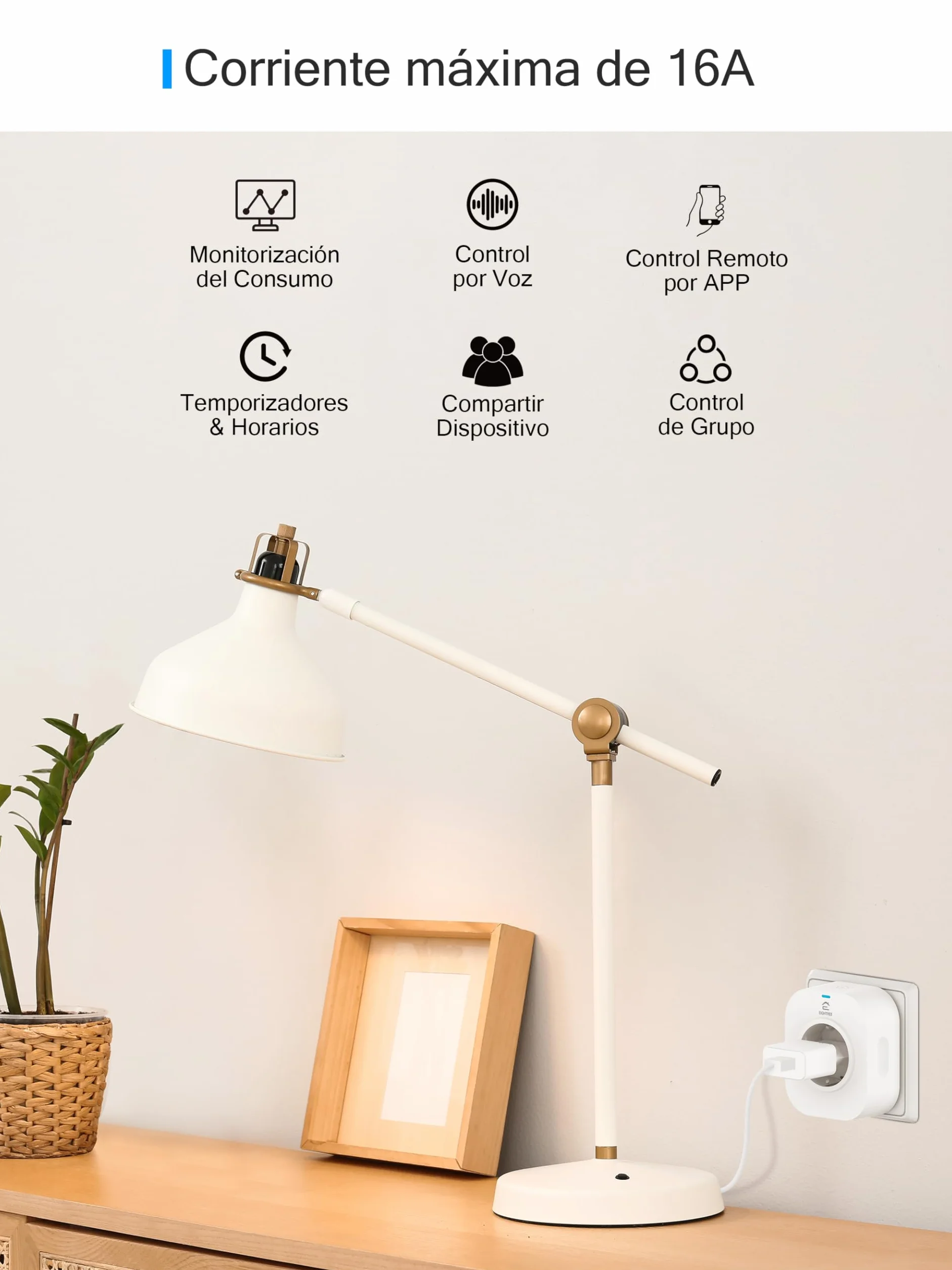Enchufe Inteligente Alexa, Enchufe Wi-Fi Medidor Consumo, Tomada Inteligente Programable con Temporizador, Control Remoto por APP&Voz, Compatible con Alexa, Google Home y SmartThings, 16A 3680W, 1Pack