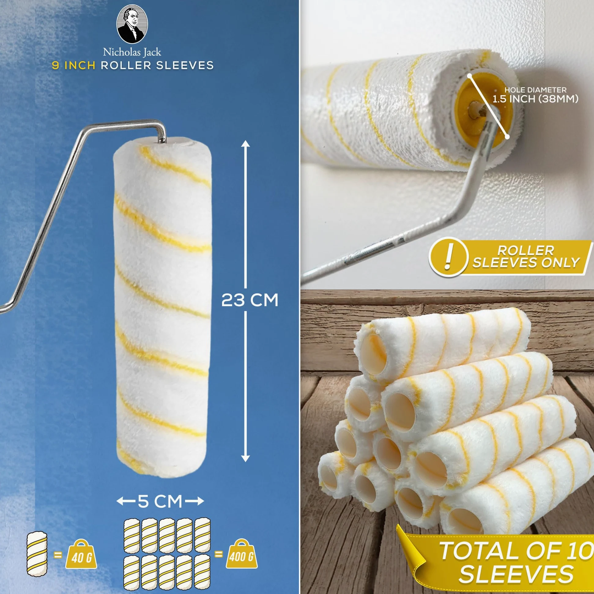 Nicholas Jack Juego de 10 rodillos para pintar paredes y techos de 23 cm – Rodillo de pintura profesional para pintura de emulsión de acabado suave