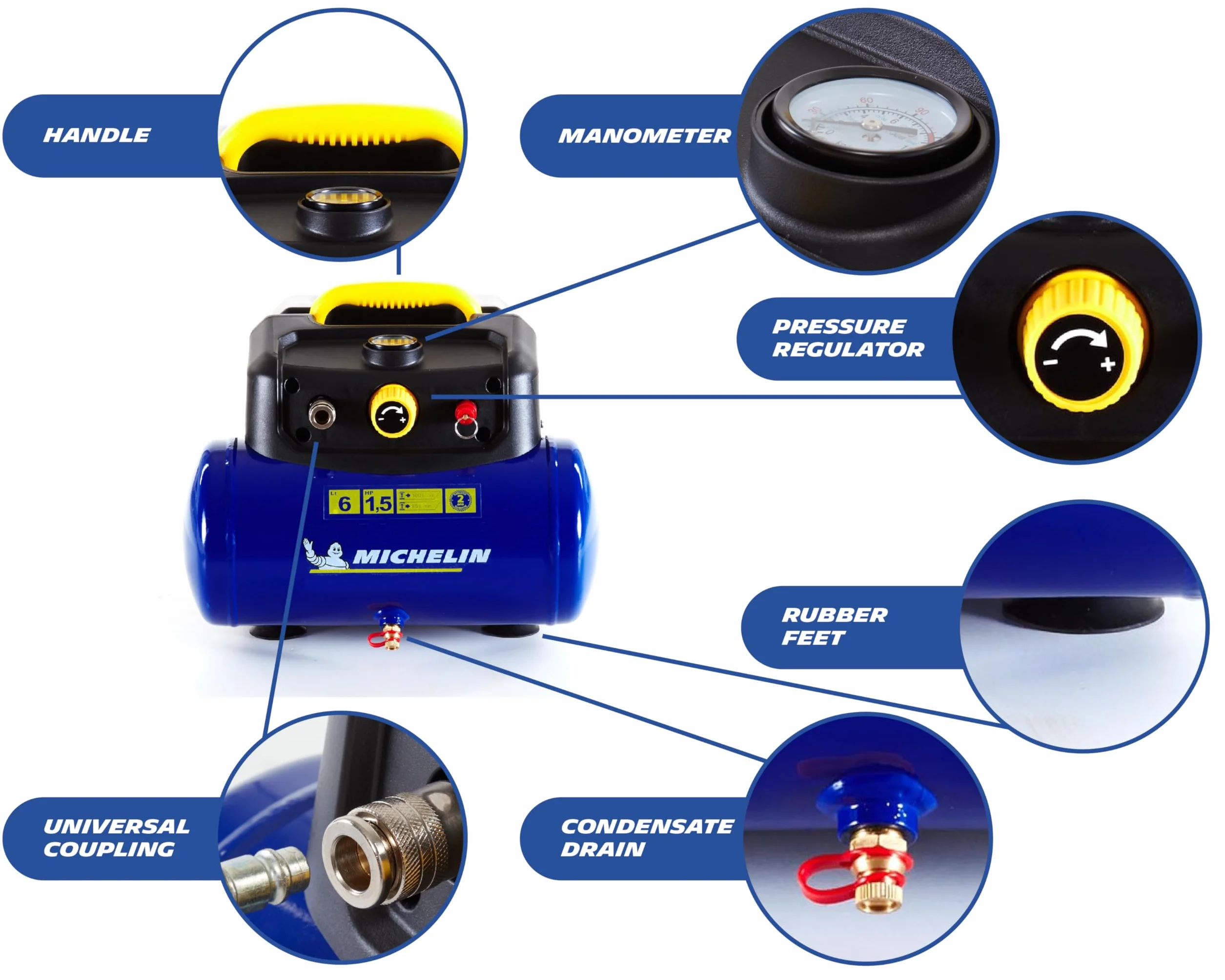 Compresor de aire portátil MICHELIN MBL6 6L 1,5 hp 8 bar 160 l/min