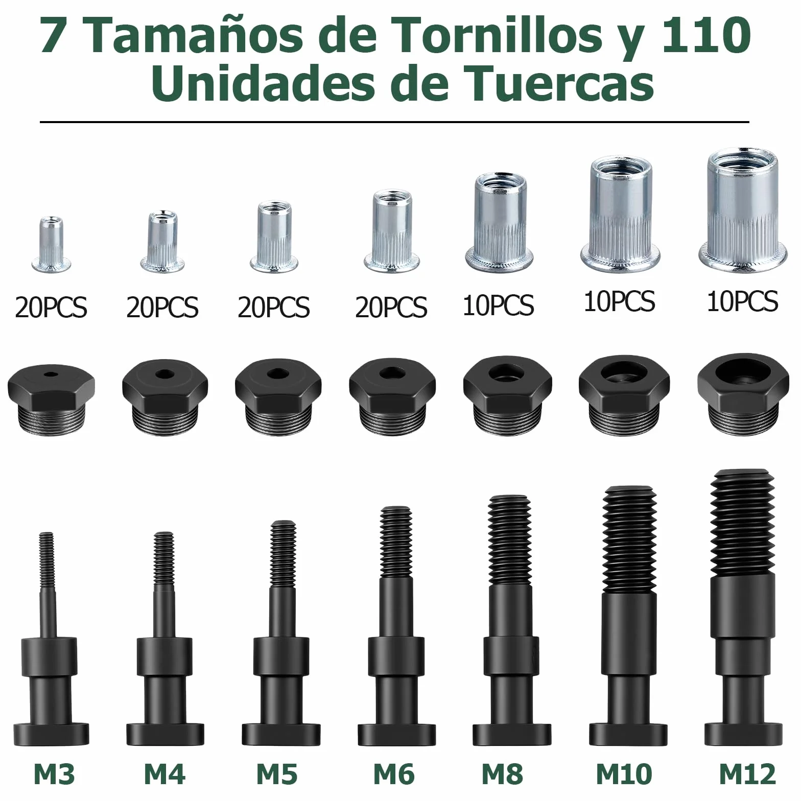 JiGiU 13'' Remachadora de Tuercas con 110 Tuercas M3 M4 M5 M6 M8 M10 M12 Juego de Alicates para Remachar 7 Mandriles Intercambiables para Automoción, Componentes Metálicos, Construcción