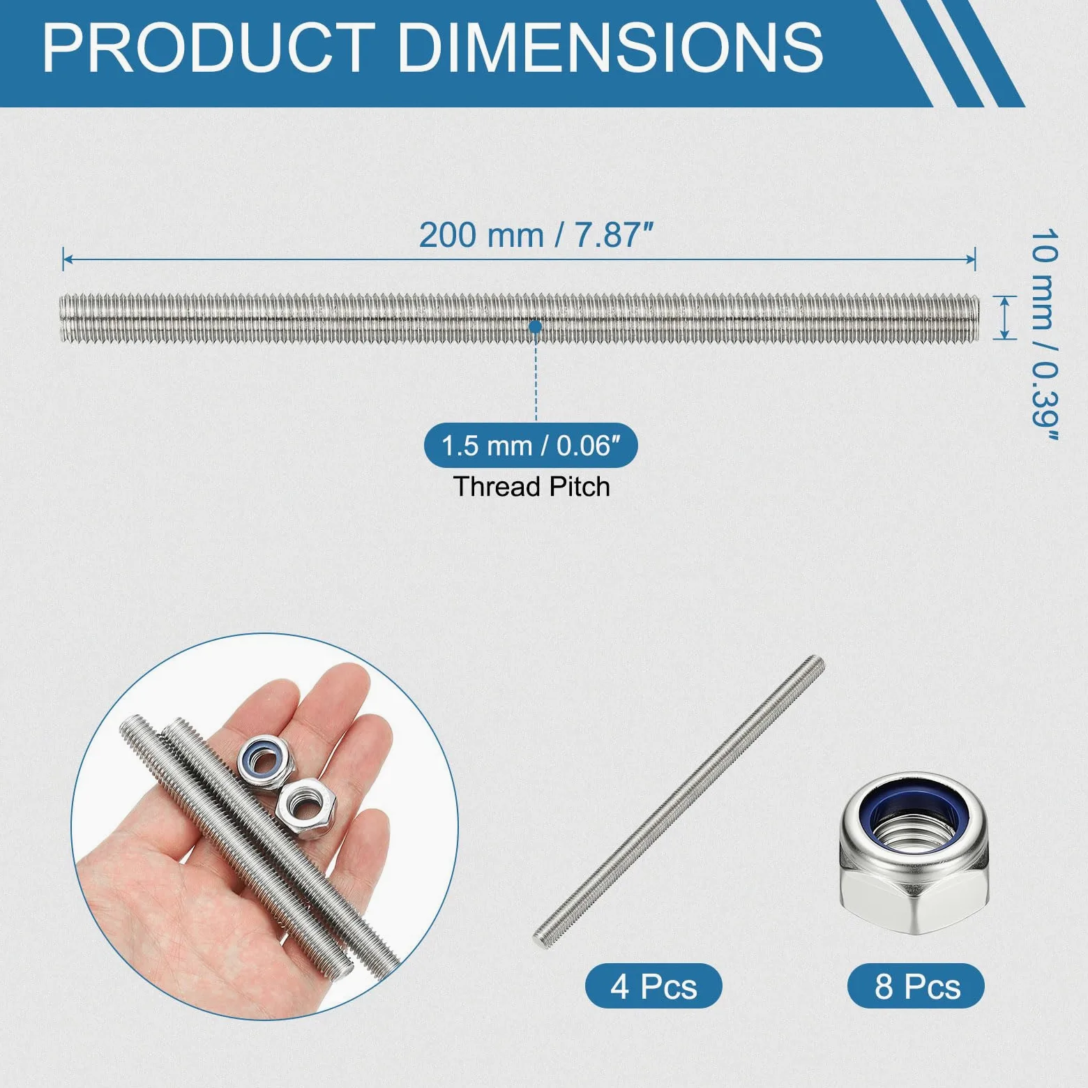 PATIKIL 4 Pcs Varilla Roscada Completa, M10 x 200mm Acero Inoxidable 304 Barra Roscada Diestra Larga Con Tuercas Para Tuberías Abrazaderas Colgadores Y Pernos En U