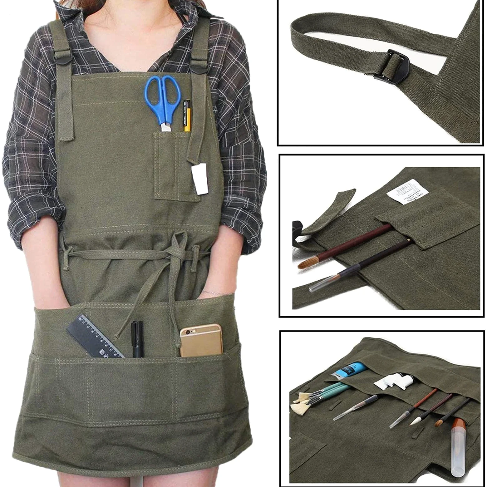 Delantal Ajustable Con Peto y Correas Cruzadas - Herramientas de Taller Con Bolsillos, Lona, Para Trabajo y Pintura de Artistas