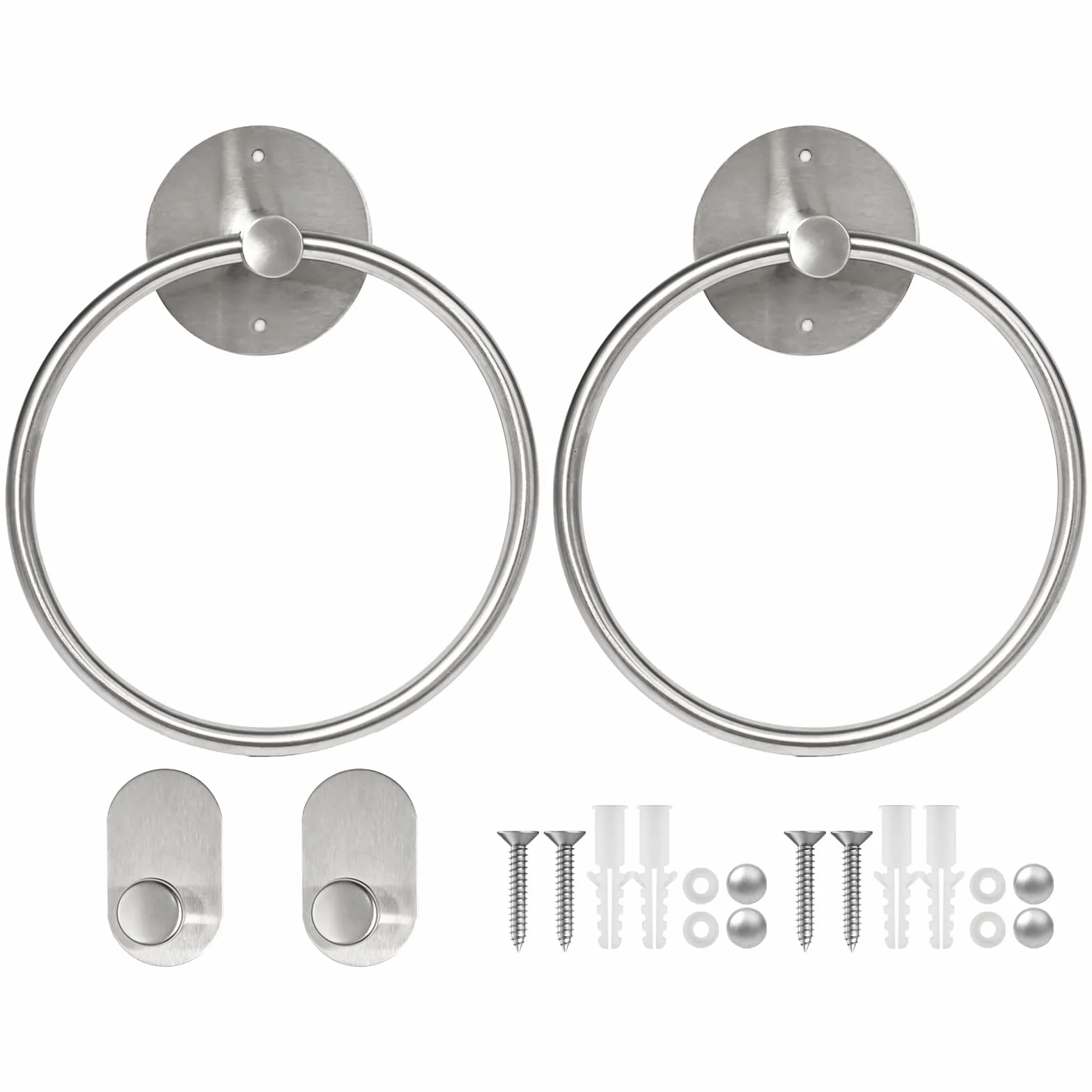 Anillos de Toalla Autoadhesivos de Acero Inoxidable, 2 Piezas, Resistente al Óxido y Humedad, Plateado
