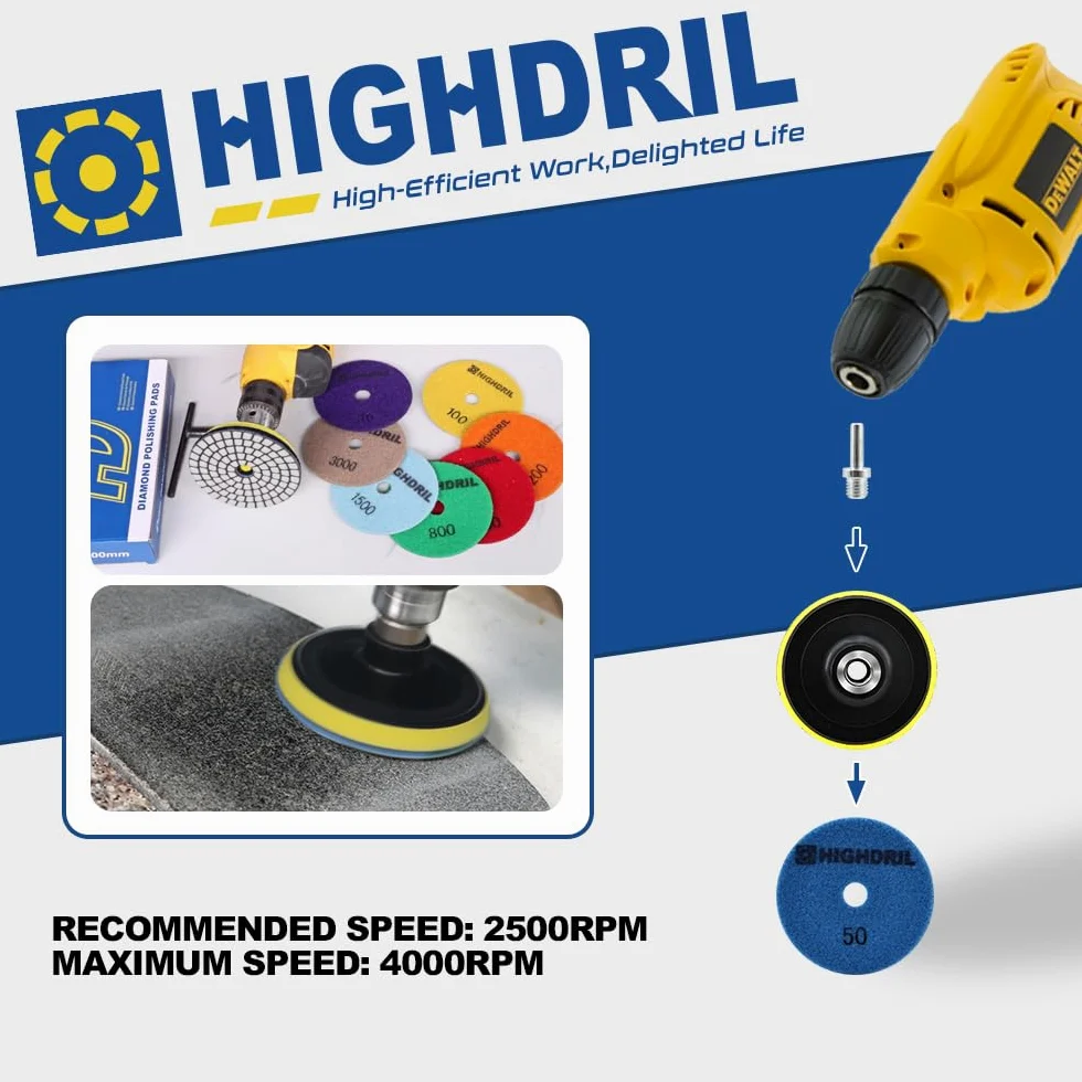 HIGHDRIL Disco Pulido Diamante Set - 8 Piezas 100mm Grano #50x3/100x3/200x2 Almohadilla Pulir Suelo + M14 Soporte Plástico + Adaptador para Abrillantar Mármol Granito Hormigón Piedra