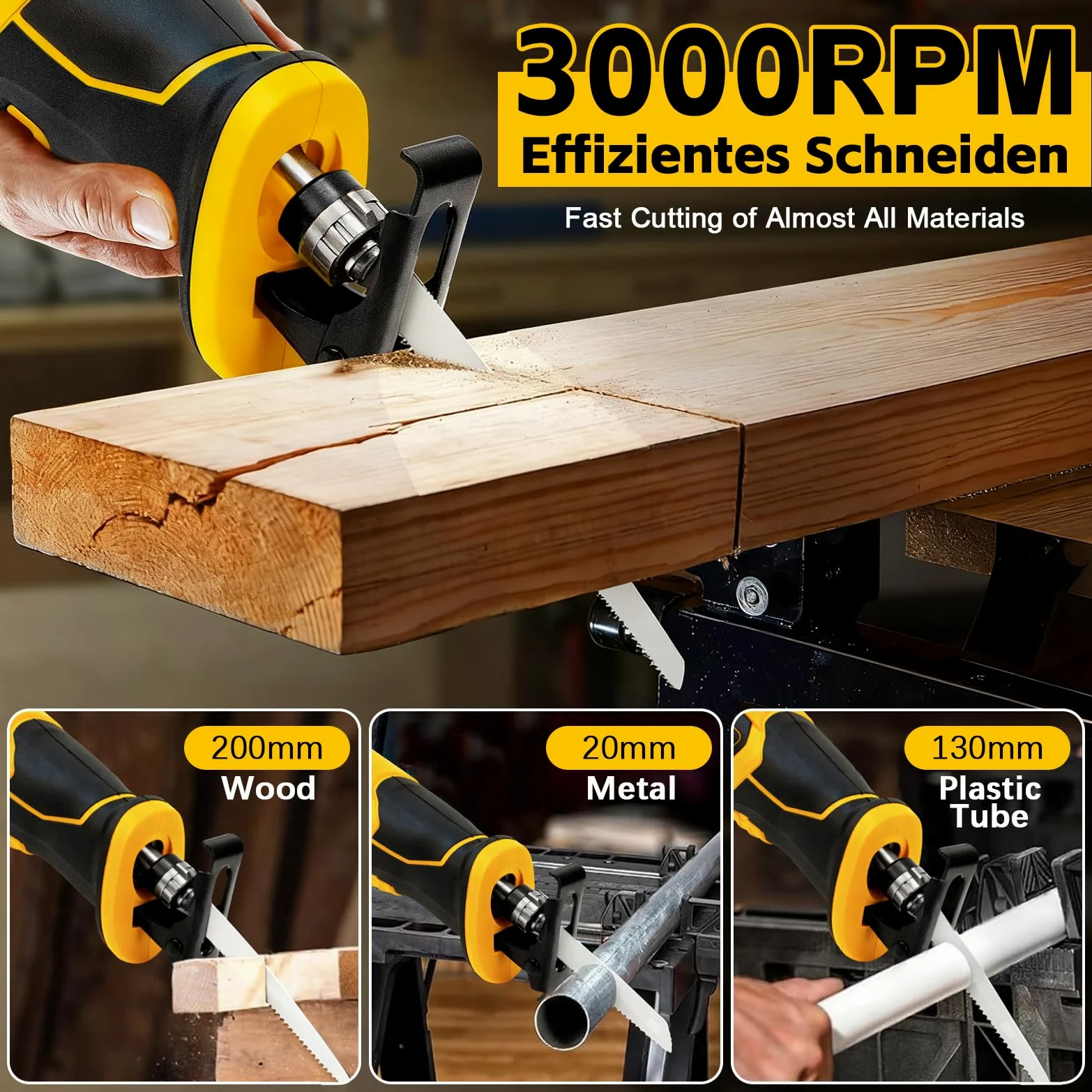 Sierra de sable inalámbrica compatible con batería Dewalt de 20 V | Para trabajos de sierra con madera/acero con 4 hojas de sierra sable, gafas y guantes (sin batería/sin cargador)