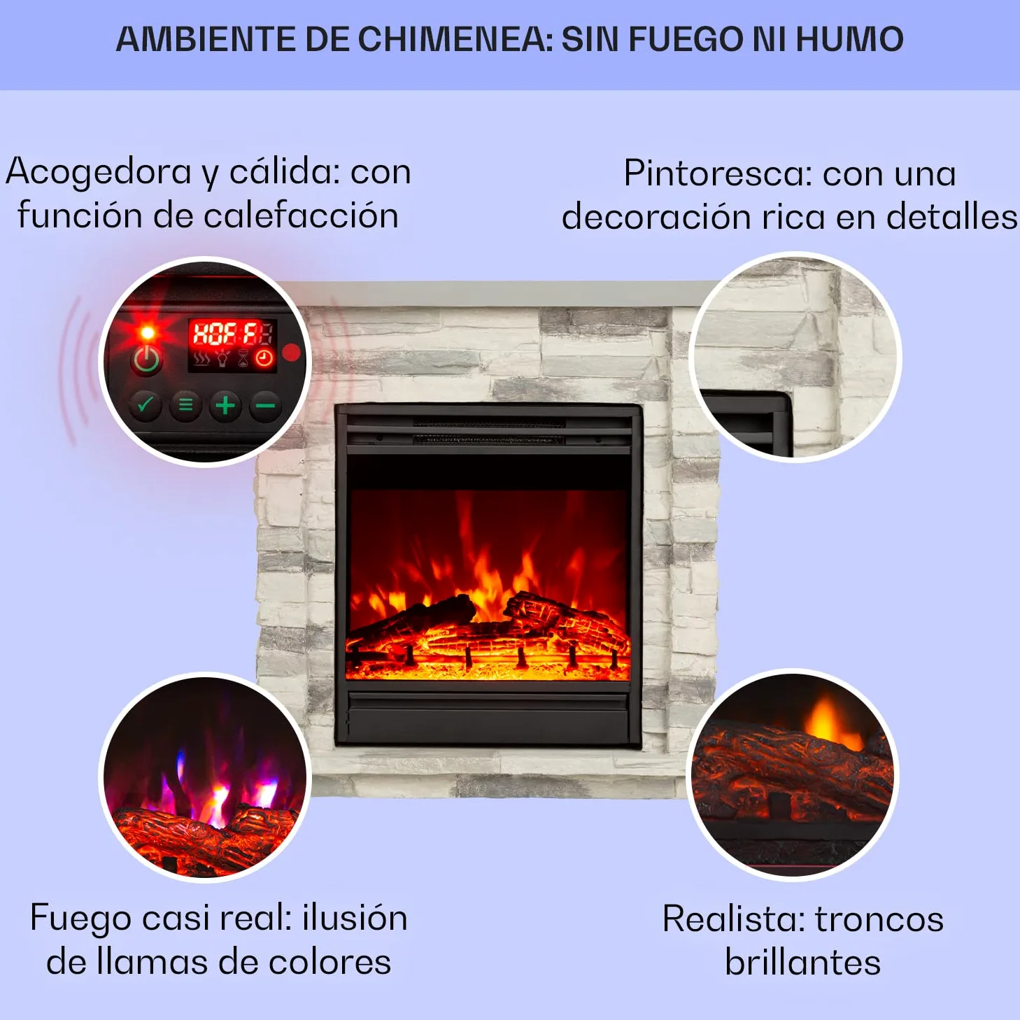 Klarstein Chimenea Electrica Bajo Consumo Pared, Estufa sin Leña de Interior, Chimeneas Electricas Decorativas 1800W, Llama LED, Chimenea Decorativa con Mando, Temporizador y Efecto Real Troncos