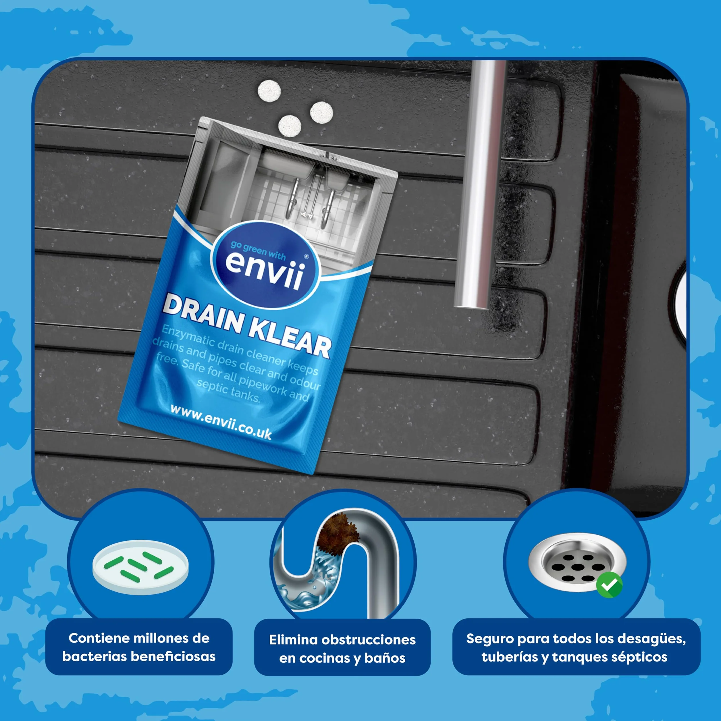 envii Drain Klear - Limpiador de desagües enzimático natural, desatascador fuerte de fregadero de cocina para tuberías, elimina el olor y limpia los desagües obstruidos, seguro para tanques sépticos