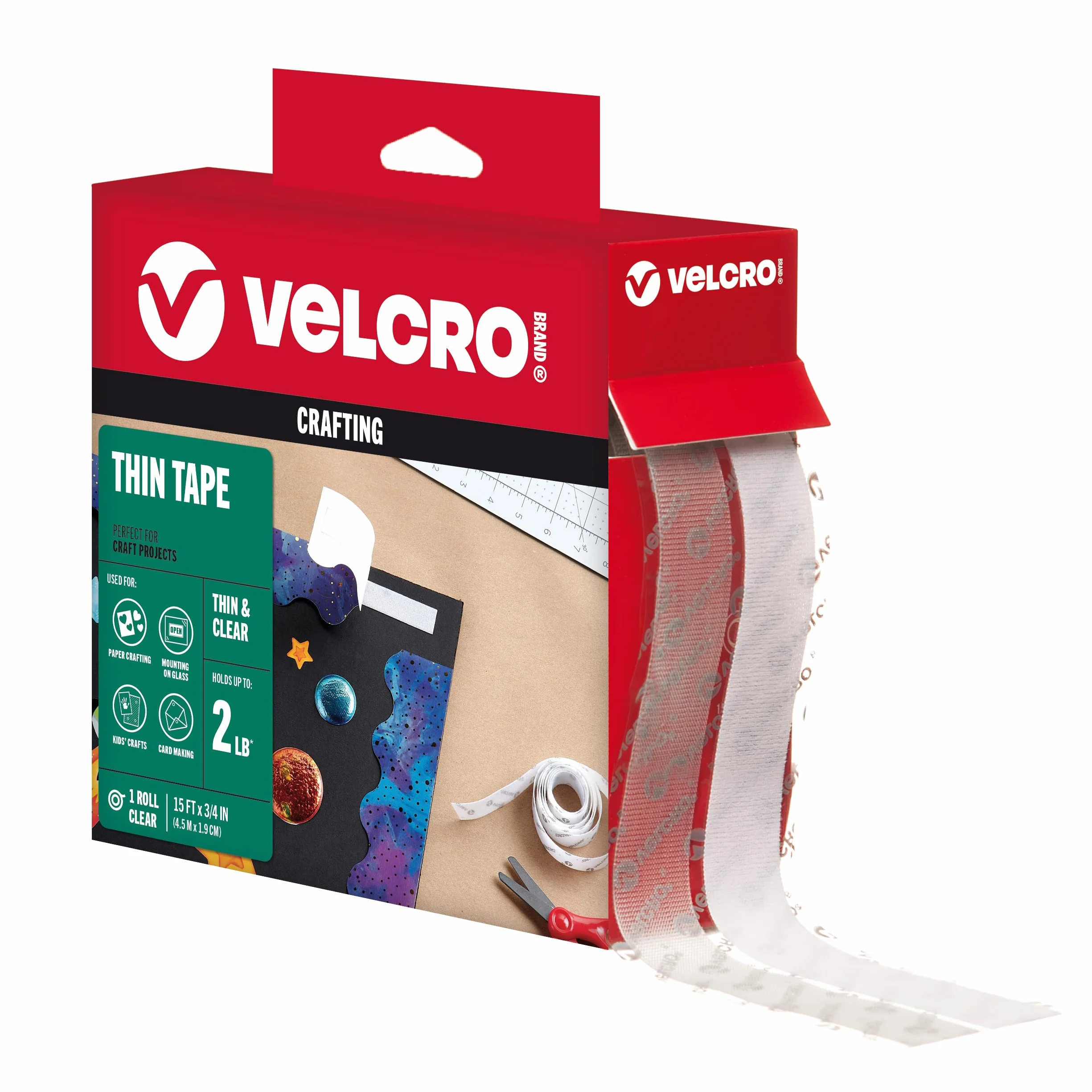 VELCRO Marca | Cinta Adhesiva Transparente y Delgada | Recortable | Fijación Fuerte de Gancho y Bucle | Ideal para Decoración, Hogar, Oficina, Aula y Manualidades | 19 mm x 4,5 m