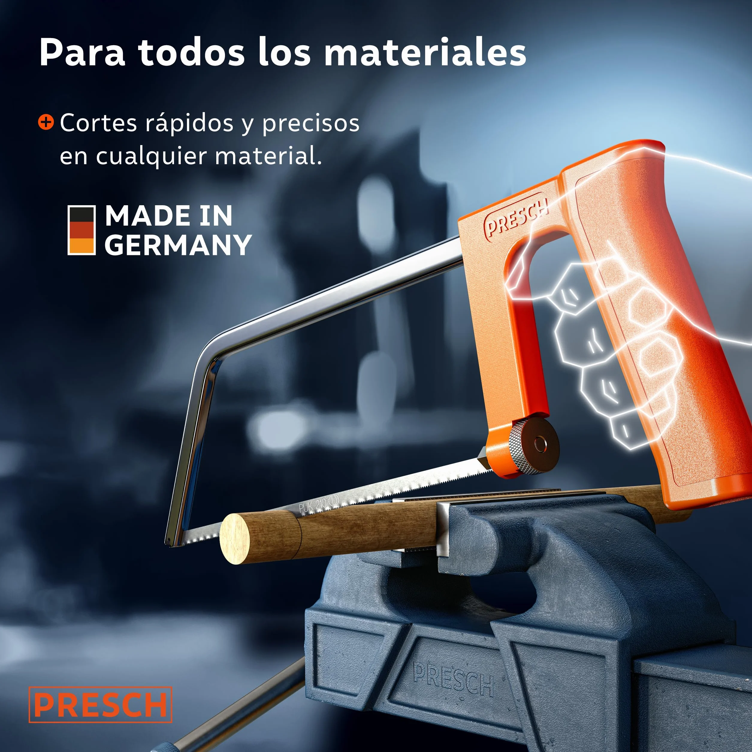 Presch Sierra de metal 200mm - Con hoja de sierra universal para cortes precisos - Cambio rápido de hojas de sierra - Mango ergonómico para serrar mejor - Sierra de arco pequeña, Sierra manual