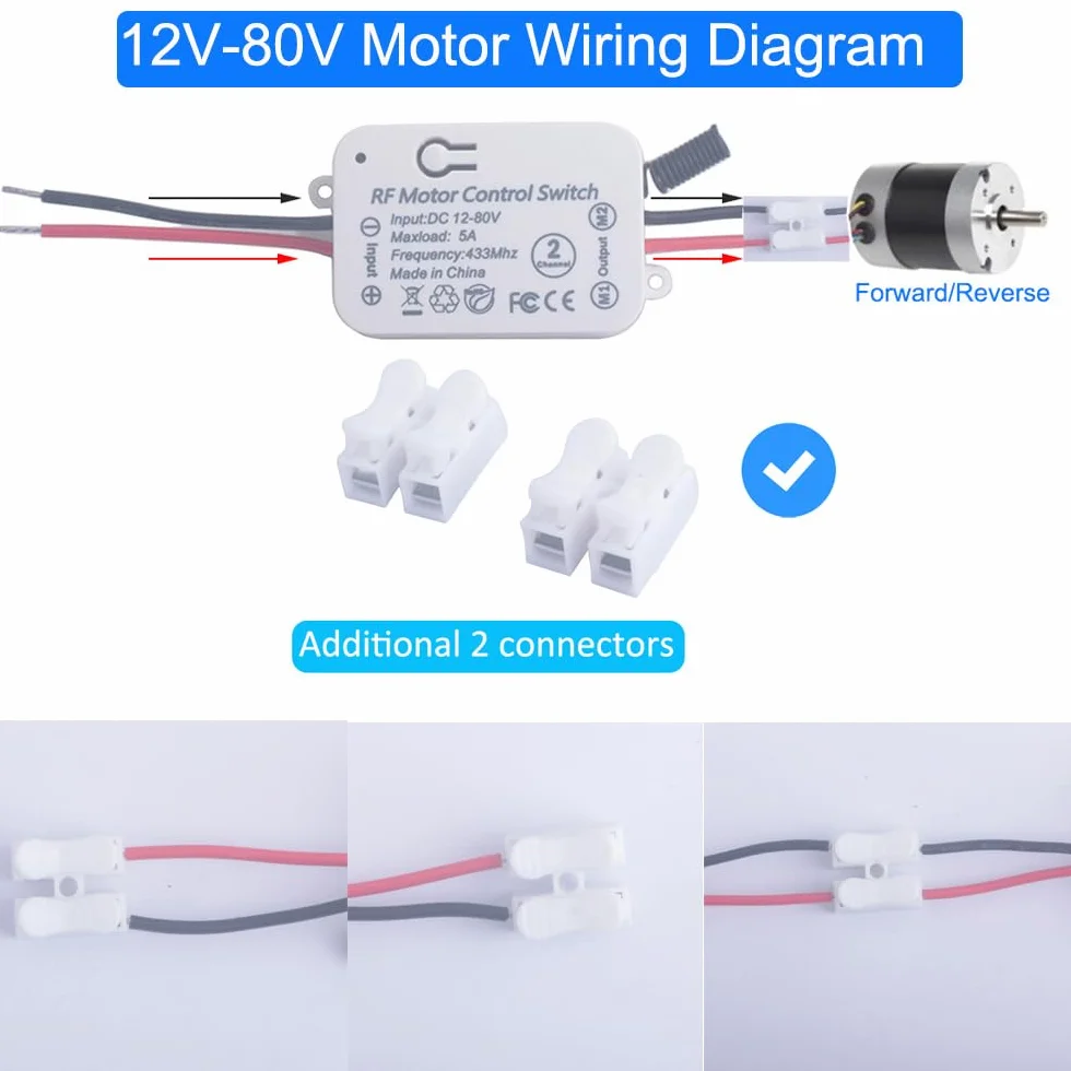 Interruptor de control remoto de motor de DC 12V 24V 36 48V interruptores de relé inalámbricos de 12V-80V 5 A controlador de receptor con transmisores, motor de avance, retroceso (2* Controlador)