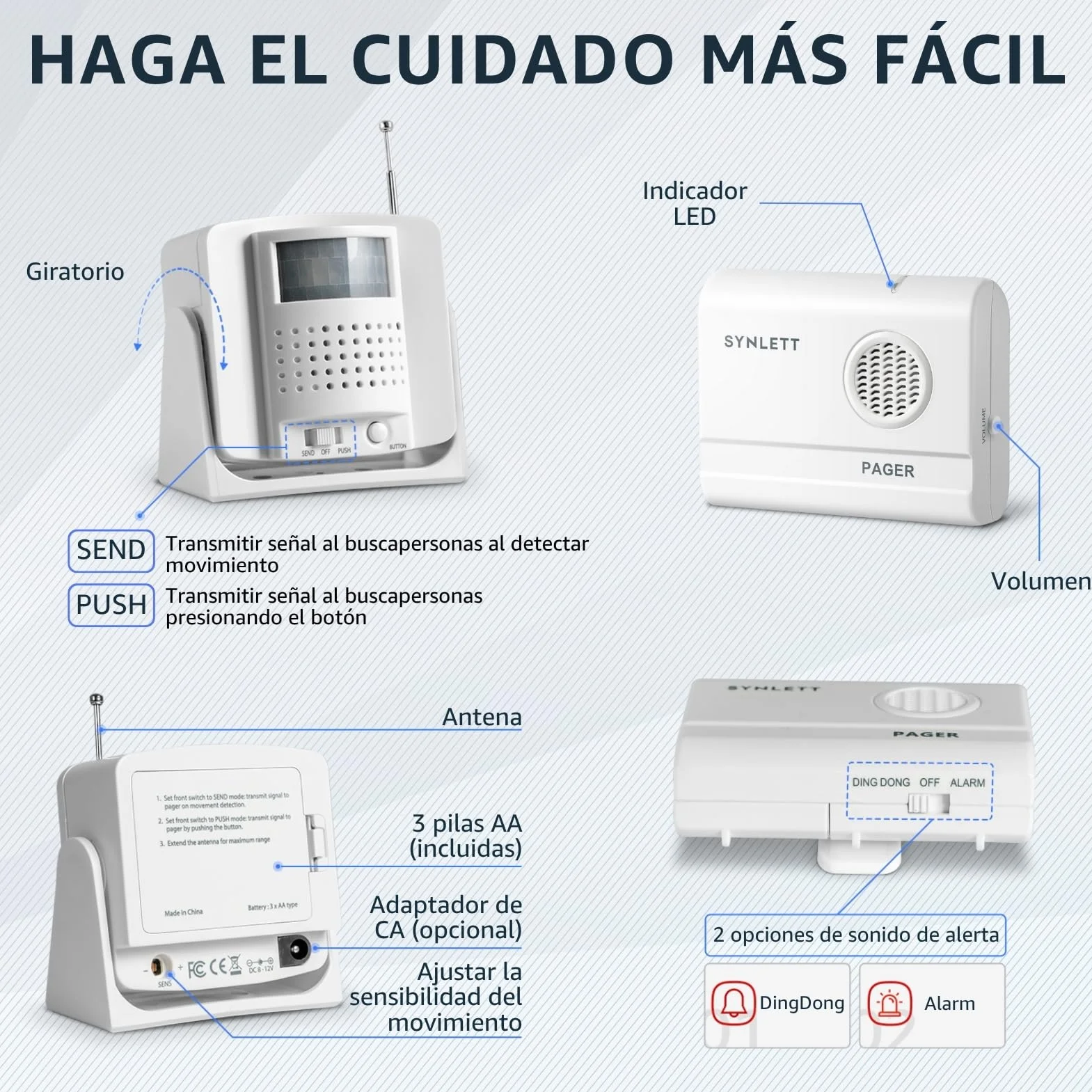 Buscapersonas con Sensor de Movimiento y Pager Portátil Sistema Alarma Cama Ancianos Teleasistencia Prevención Caídas