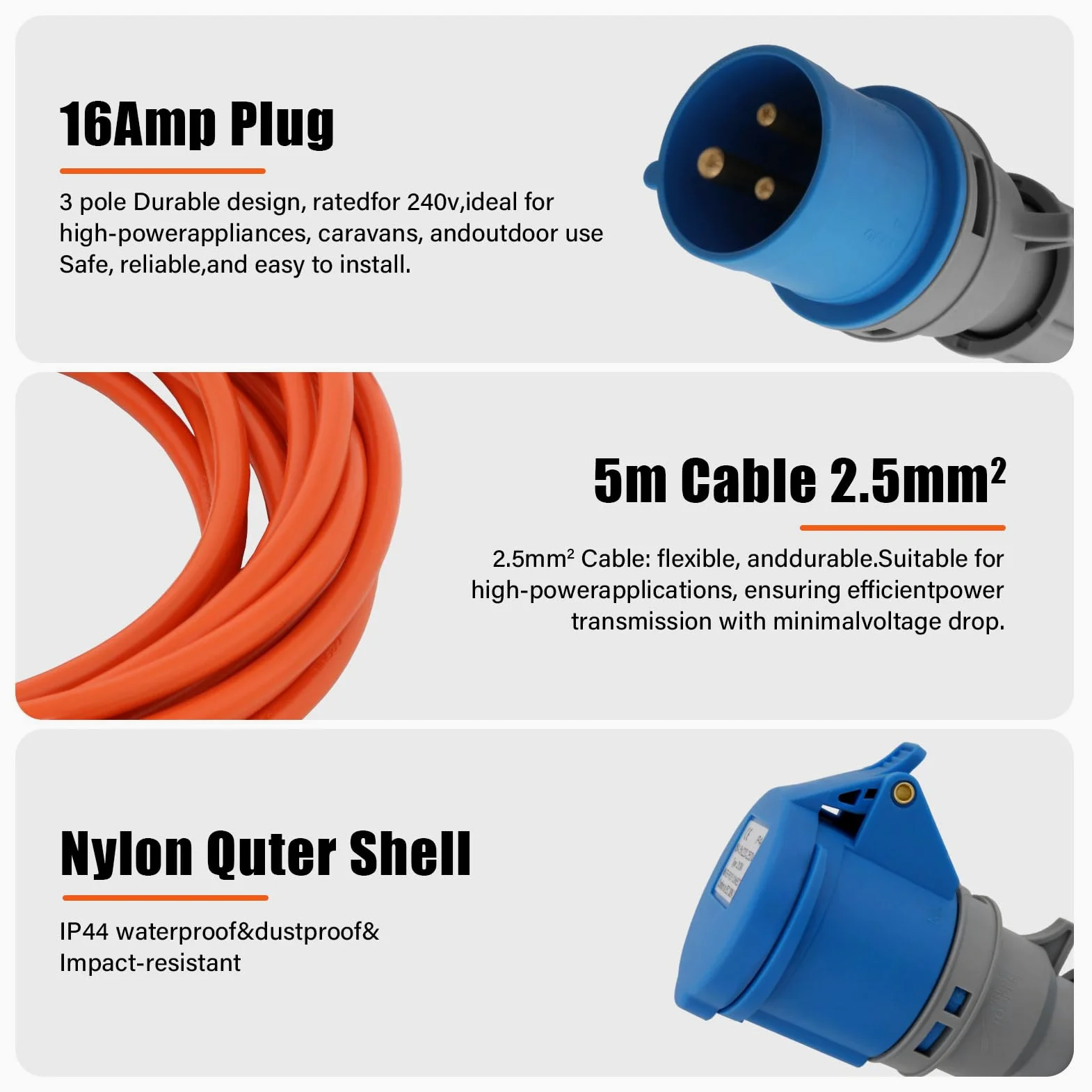5m Cable Adaptador para Camping, Cable de extensión Industrial CEE 240V 3G2,5mm² en Color Naranja de señalización | IP44 Apto para Exteriores, Conector CEE 16A con para Camping & caravanas