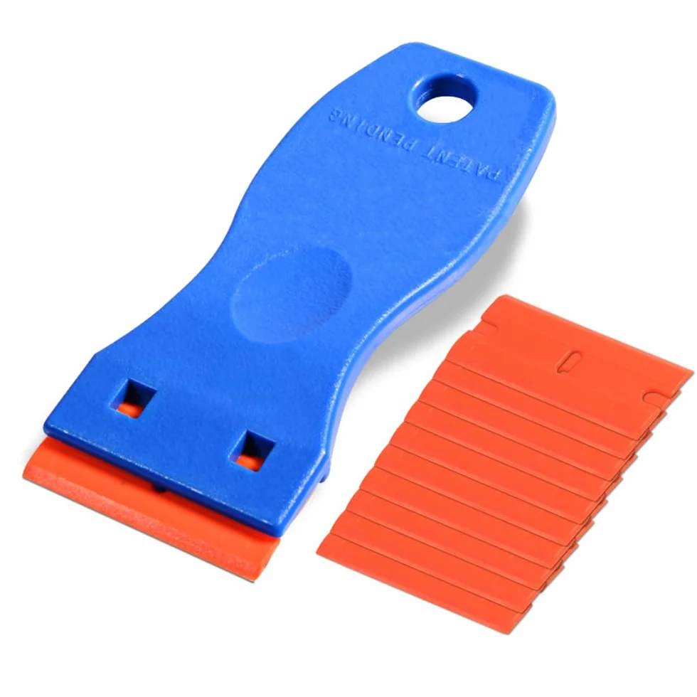 Ehdis Mini Raspador con 10 piezas cuchillas de plástic, para Quitar Etiquetas Engomadas Vinilo Pegatinas y Pegamento, Limpiador para Placa de Inducción y Vitrocerámica, azul