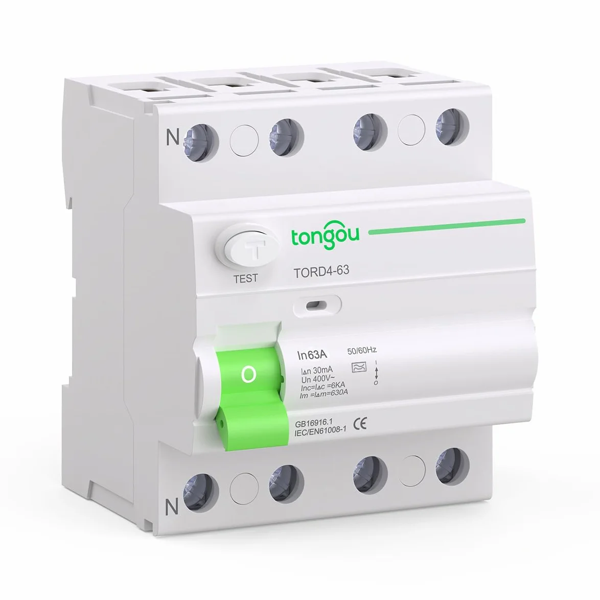 TONGOU Differential Switch 63A 30mA Tipo A 3P+N 400V, Adecuado para Viviendas Unifamiliares, Pequeños Edificios Comerciales y Otros Escenarios