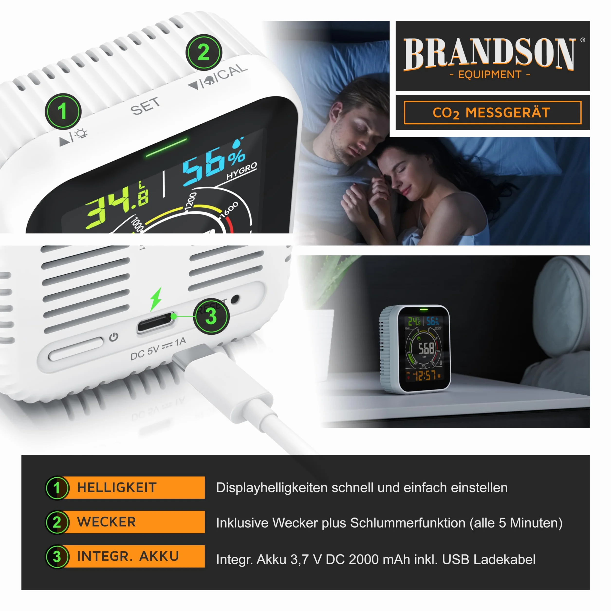 Brandson - Detector de CO2 WiFi - Medidor WiFi Comprobador de Calidad del Aire - Sensor de dióxido de Carbono Medición PPM - Tuya Smart Home - Recomendación de ventilación de Aire - Temperatura