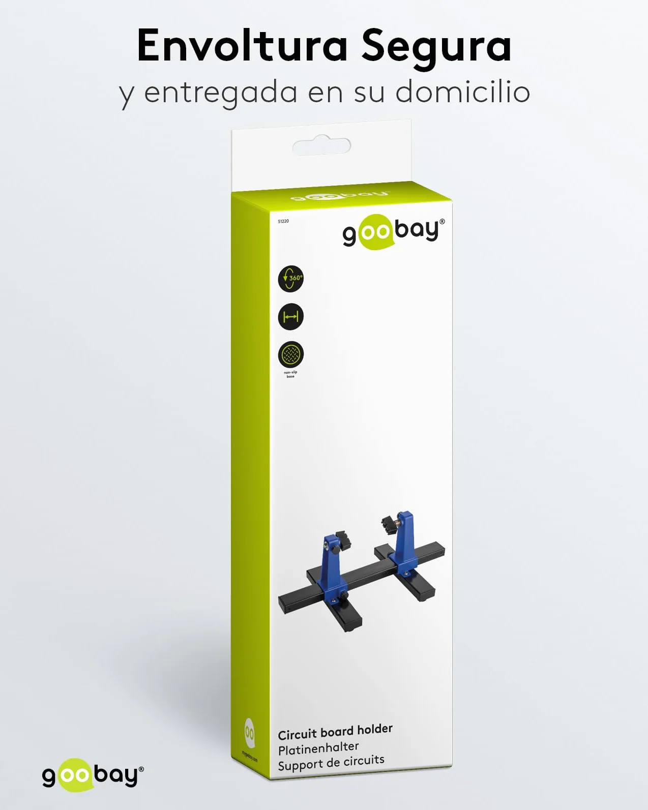 goobay Soporte ajustable para PCB/Soporte para PCB/Robusto soporte para soldar Para fijar PCBs y piezas de trabajo durante la soldadura y el trabajo artesanal/Rotación de 360, 51220