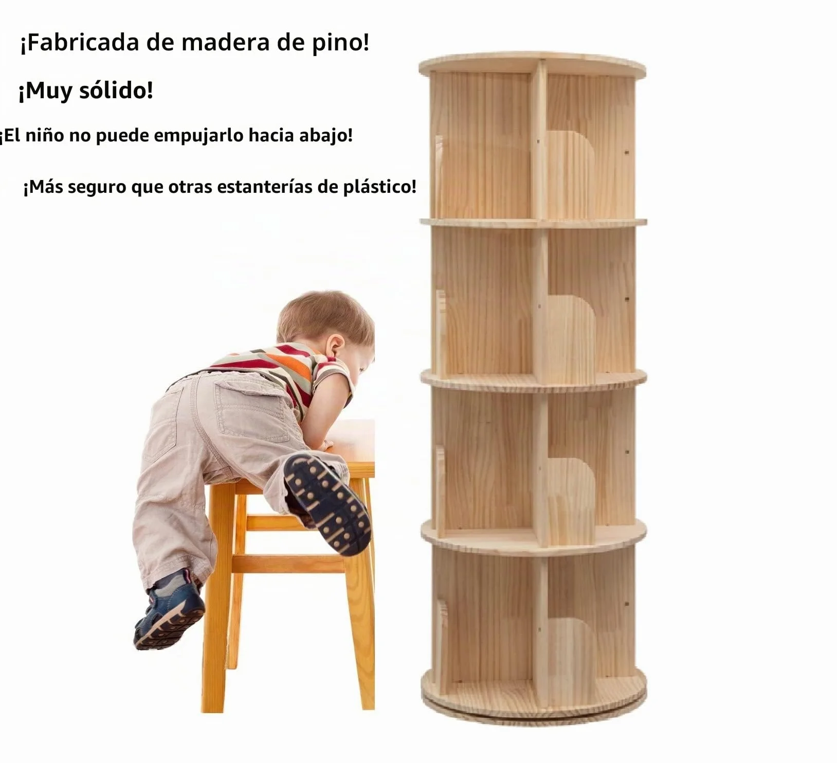 Heehee Estantería giratoria de 360 Grados, estantería de pie para Suelo de 4 Niveles, Estante de Almacenamiento para niños y Adultos, Organizador de estantería de Madera Maciza