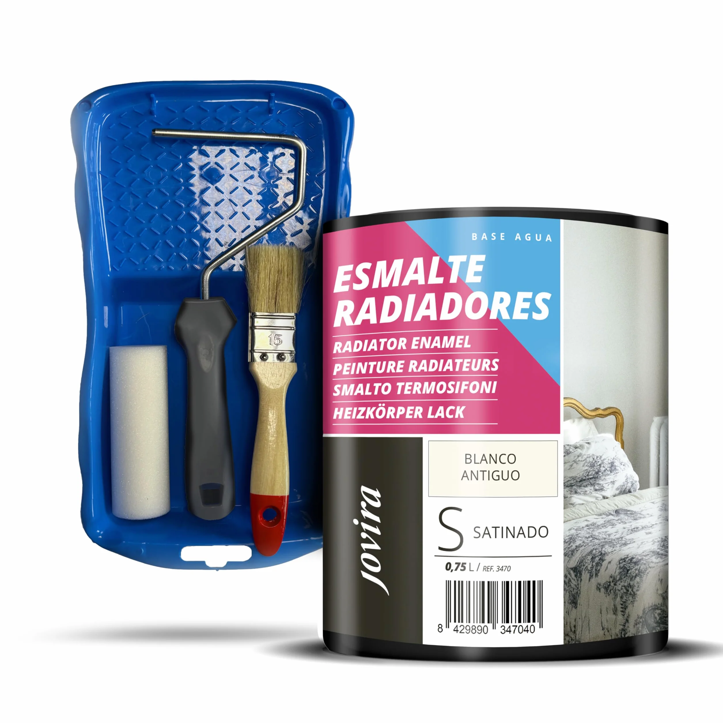 JOVIRA PINTURAS Esmalte Radiadores al Agua + Kit con Minicubeta, Rodillo de Espuma, Varilla y Paletina. (750 Mililitros, Blanco Antiguo + Minikit Radiadores) F-79-K