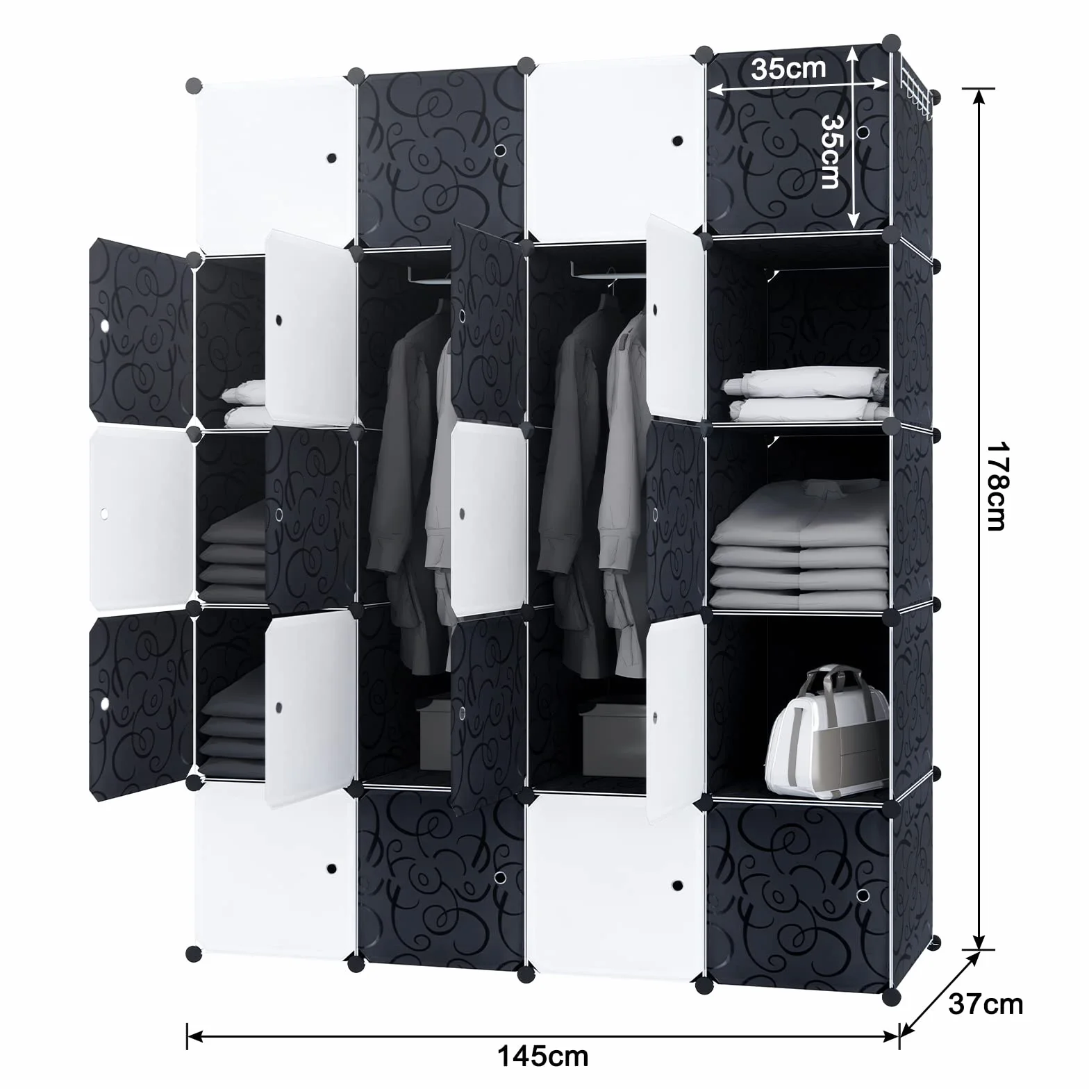 Armario sistema de estanterías con puertas de plástico PP para guardar ropa, libros, 20 cajas con puerta, 2 barras negras