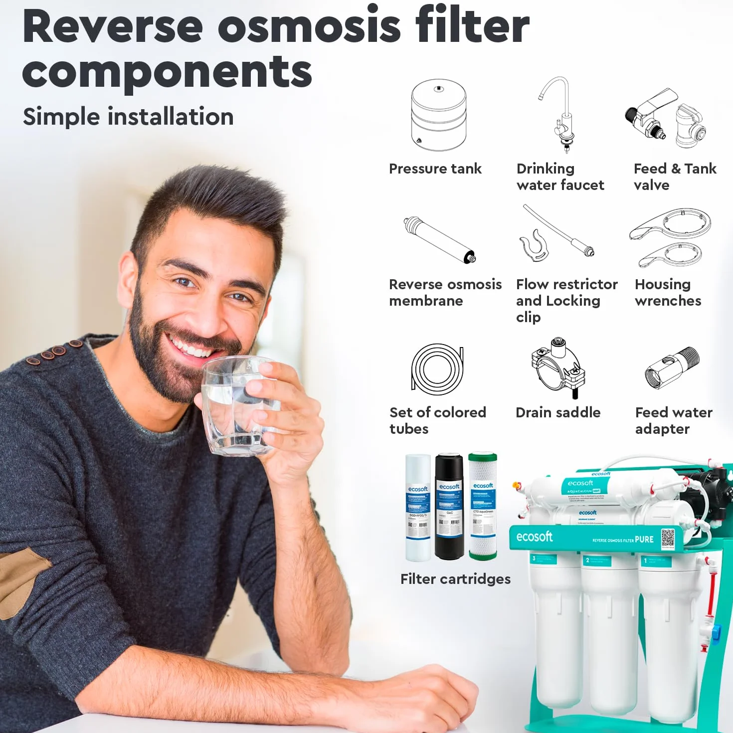 Ecosoft P'URE AquaCalcium Filtro Ósmosis Inversa con Bomba Montado Sobre Estructura Metálica para Hogar, Elimina 99.8% Contaminantes, Mineraliza Agua con Calcio