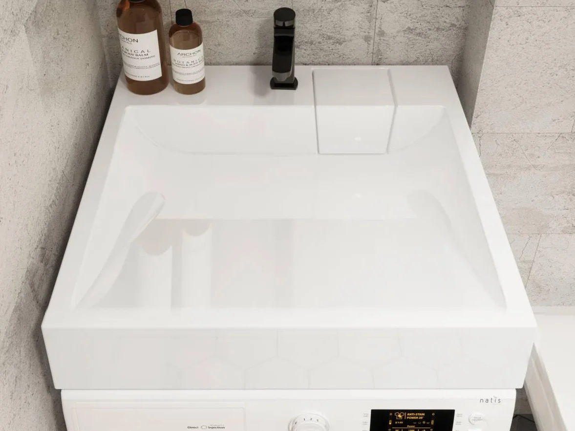 Lavabo TALLINN piedra, suspendido pared sobre lavadora. L60xW60x12 cm, peso 19 kg. Material: mezcla de materiales minerales naturales y resina. Superficie brillante extremadamente solido