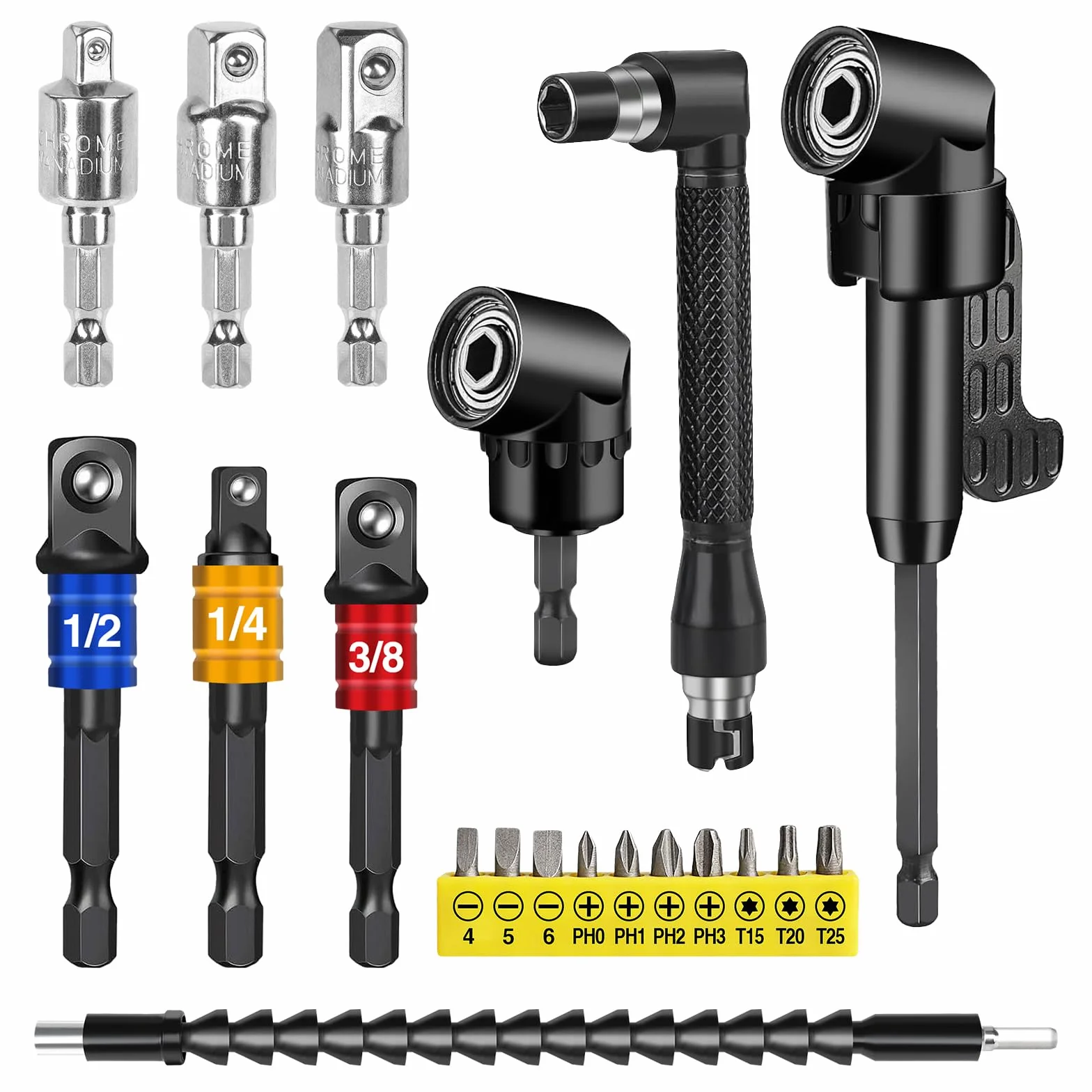 Juego de 20 piezas de accesorios de ángulo de 105° para destornillador, accesorio de ángulo con extensión, accesorios para destornillador inalámbrico, eje flexible para taladro angular