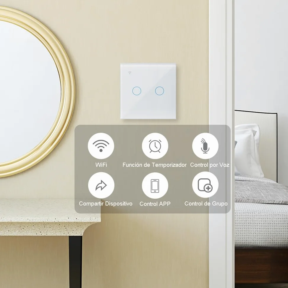 KETOTEK Interruptor Tactil WIFI Inteligente 2 Gang 1 Via Compatible con Alexa, Interruptor Luz Pared Smart Life Tuya App Control Blanco