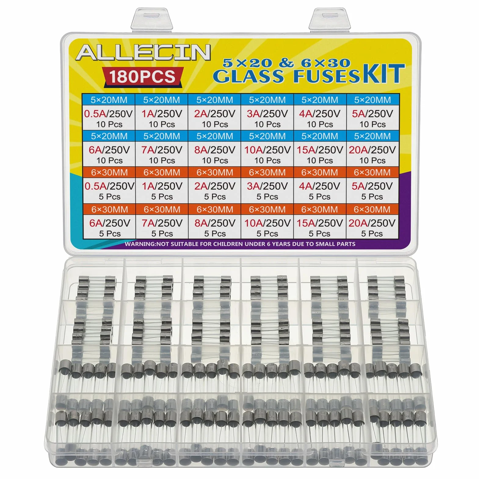 Kit Surtido de Fusibles de Vidrio de Fusión Rápida 250V 0,5A-20A 5x20MM 6x30MM 24 Valores