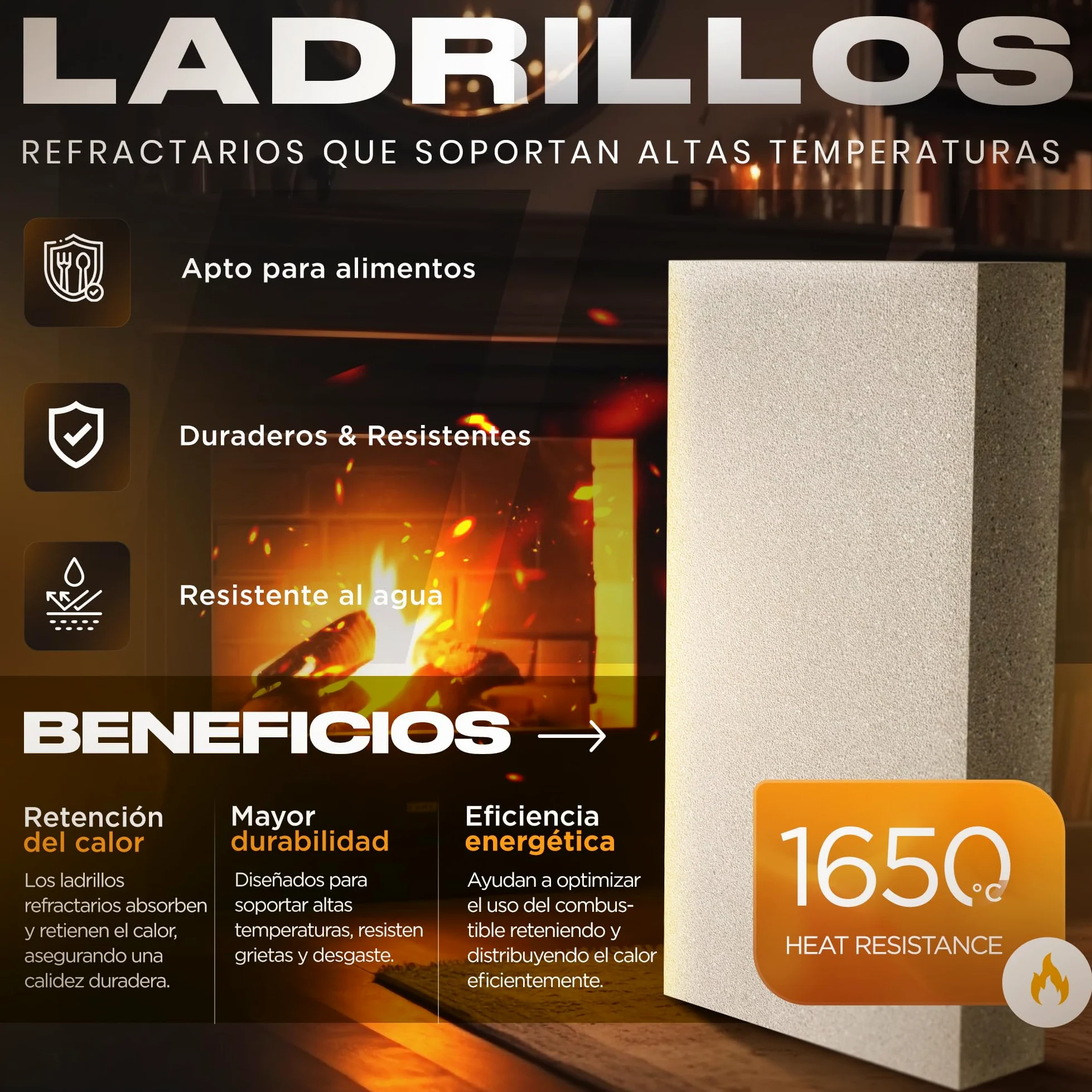 Pack 6 Ladrillos Refractarios 22 x 11 x 3 cm | Fabricados con Arcilla Refractaria | Ladrillo Refractario perfecto para Chimeneas, Hornos y Barbacoas