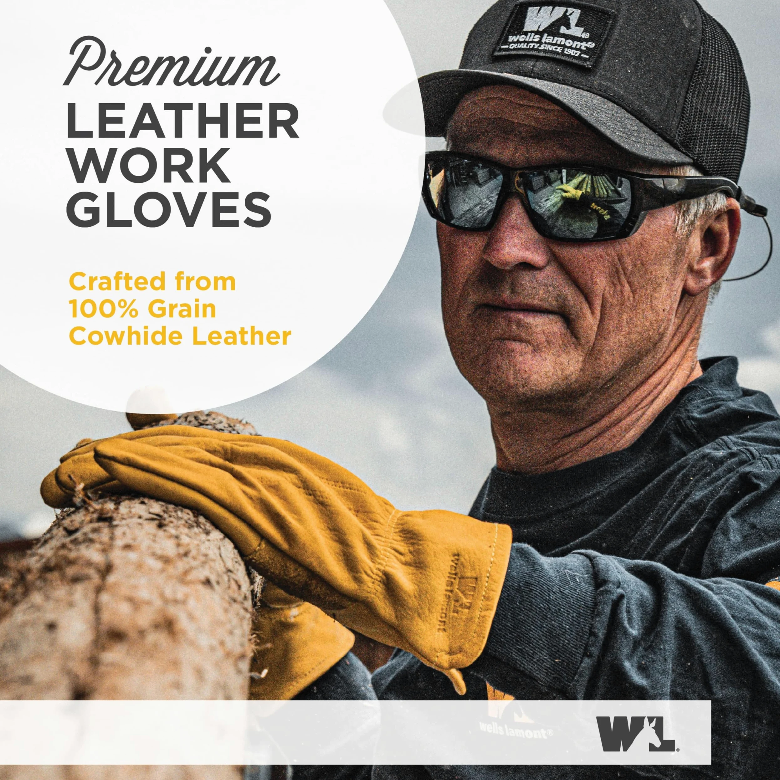 Wells Lamont Guantes de trabajo para hombre, cuero vacuno, palma reforzada, talla S | Resistente a la abrasión, resistente a pinchazos, construcción, agricultura, ganadería, resistente, sin cordones